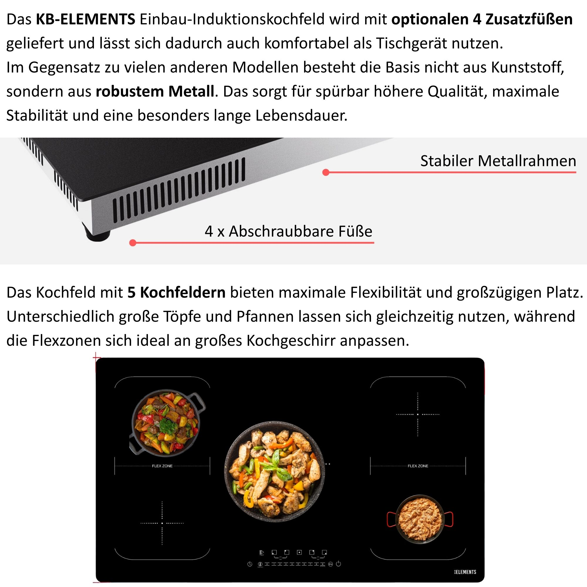 Einbau-Induktionskochfeld aus Metall mit 4 Füßen und 5 Kochzonen.