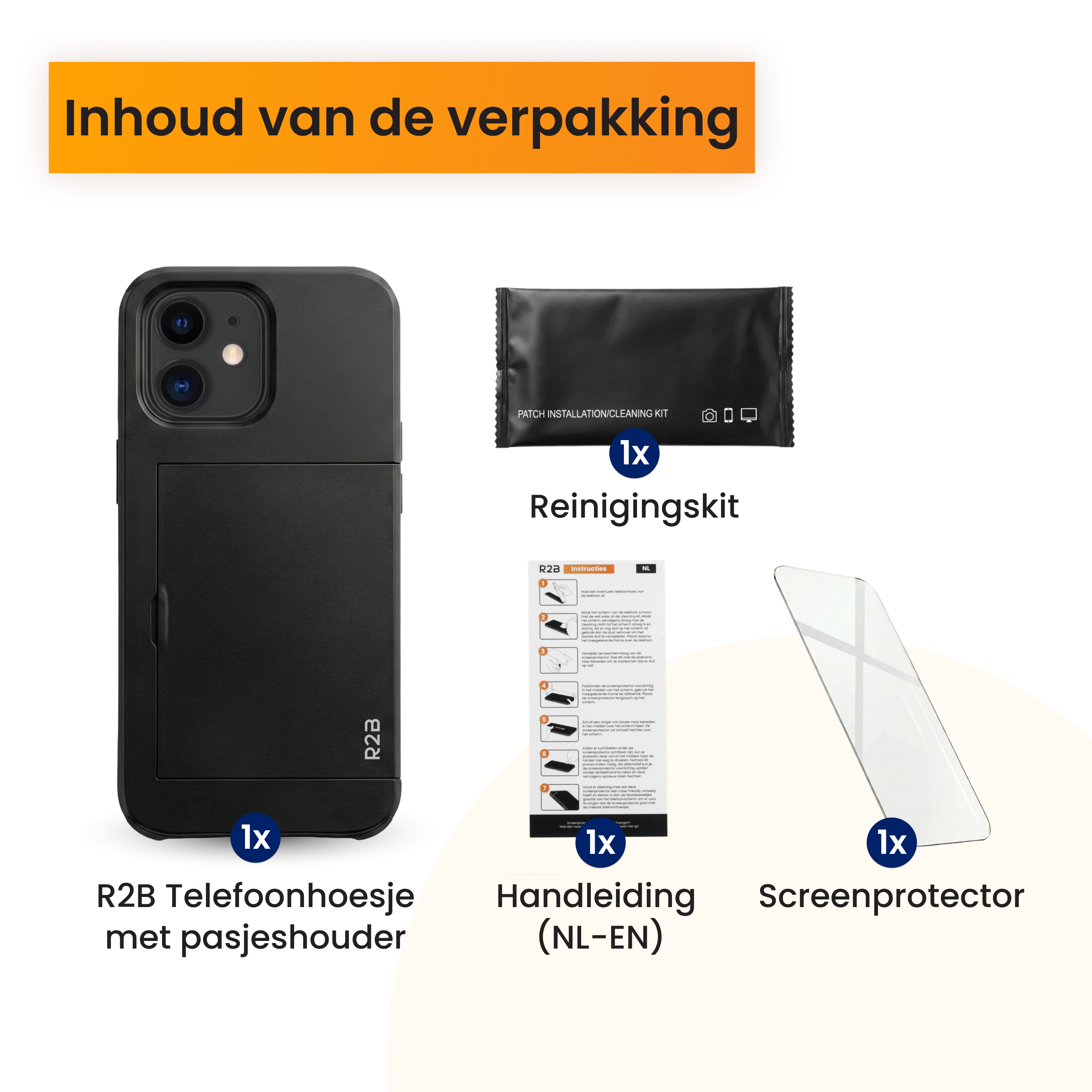 Contenu de l'emballage : Coque de téléphone noire avec porte-cartes, kit de nettoyage, instructions et protecteur d'écran.