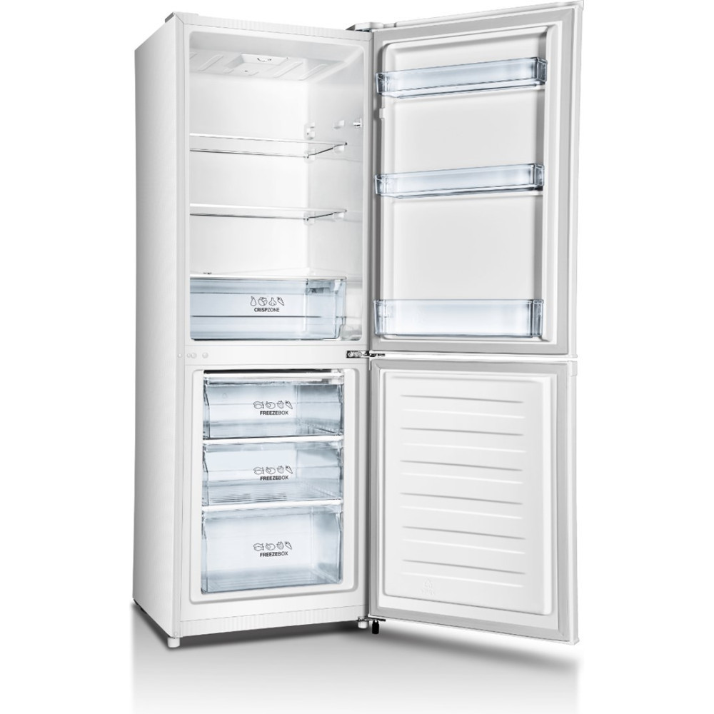 Ein weißer Kühlschrank mit geöffneten Türen, leer und sauber.