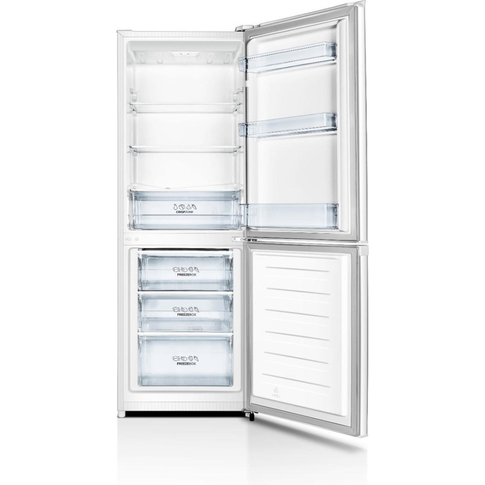 Offener weißer Kühlschrank mit leeren Fächern und Gefrierschubladen. Frischeschublade oben.