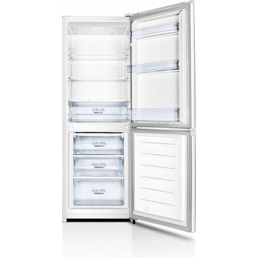 Ein weißer Kühlschrank mit geöffneter Tür und mehreren Fächern.