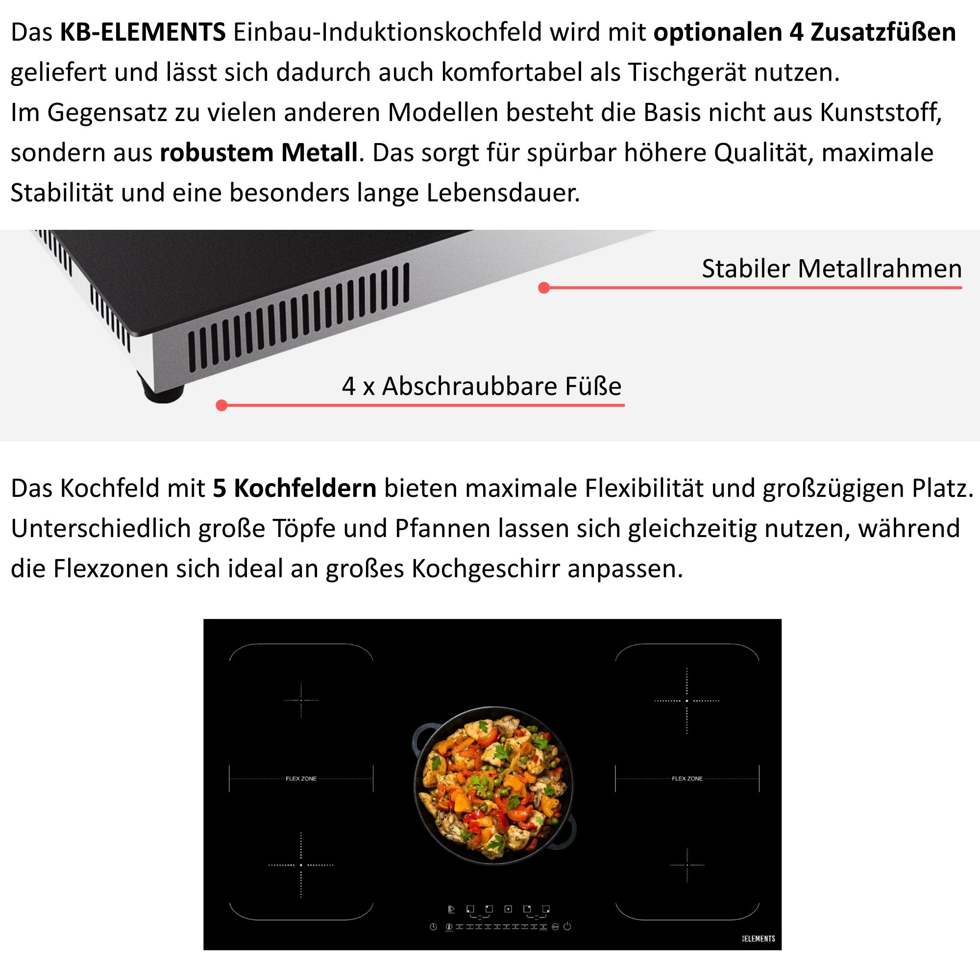 Ein Induktionskochfeld mit 5 Kochzonen und einem Topf mit Essen.