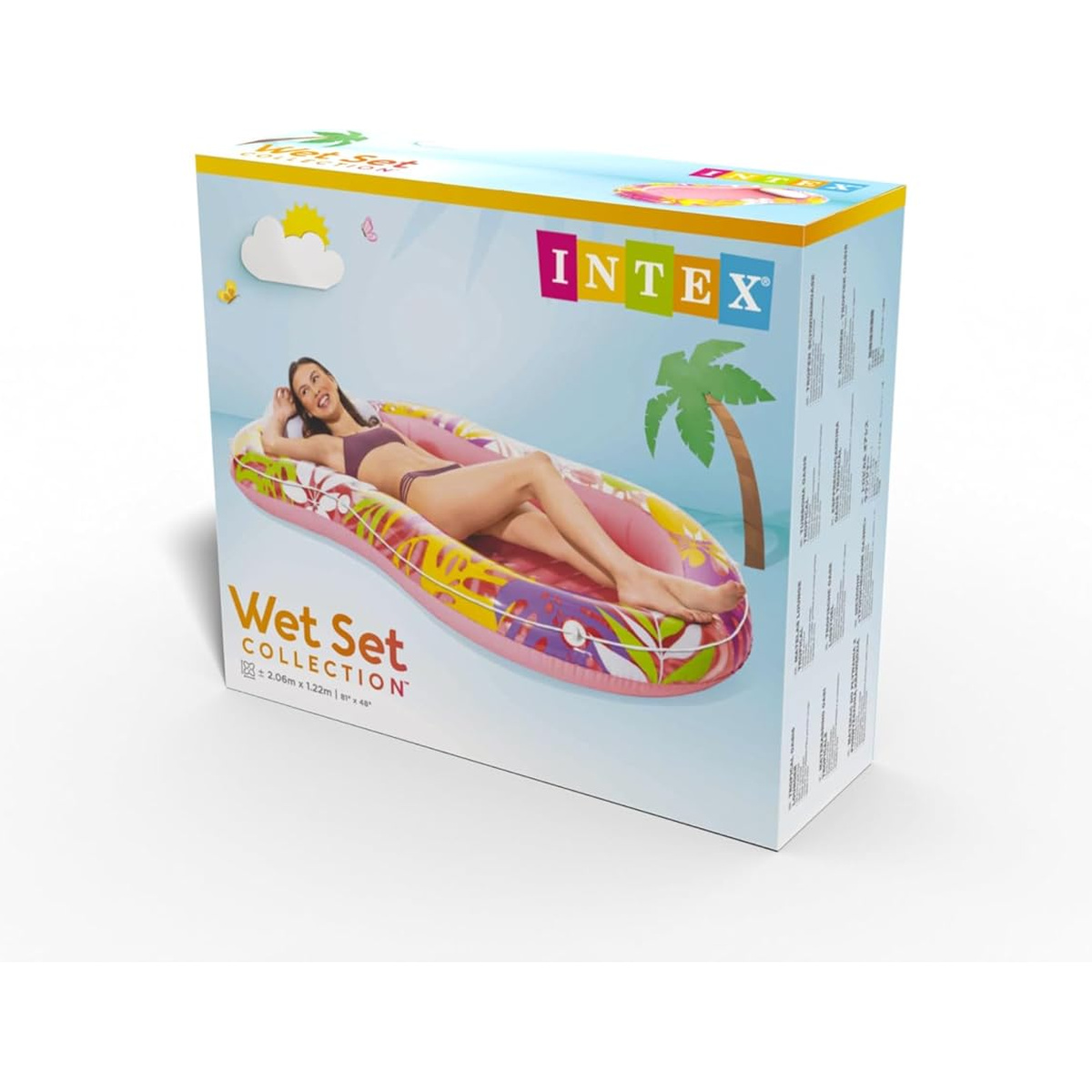 Verpackung mit aufblasbarem Lounger: Frau liegt darauf, Palmen, Sonne, Wolken.