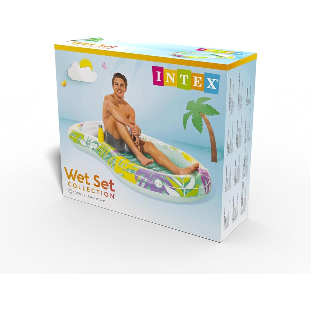 Verpackung für ein aufblasbares Schwimmbecken mit Mann, Palme und Sonne.