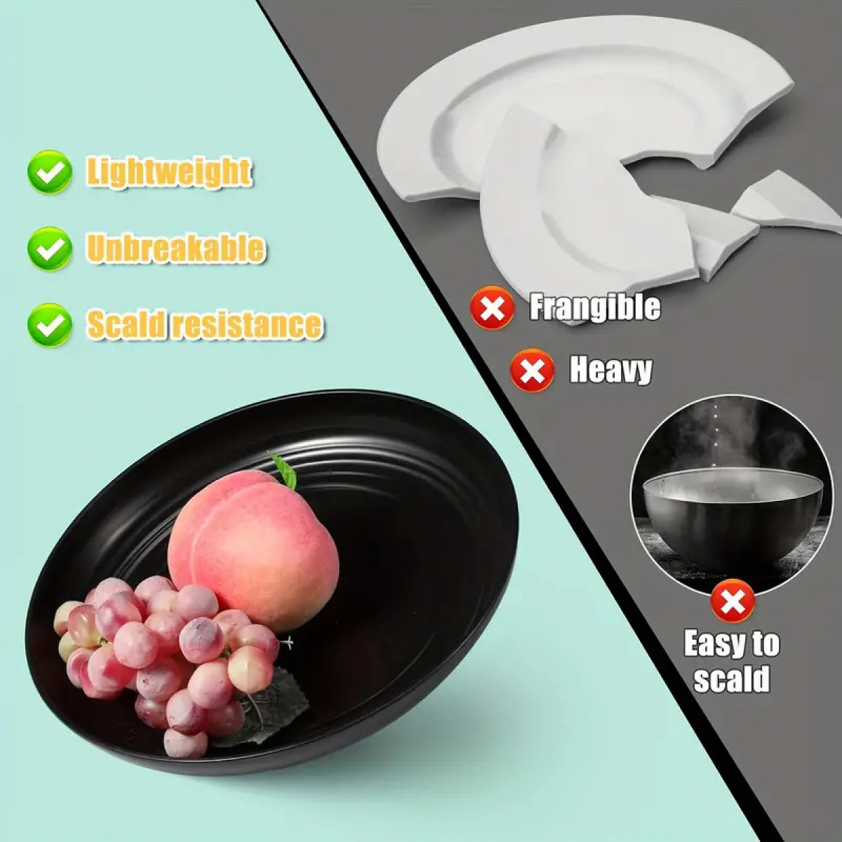 Schwarze Schale mit Obst und Merkmale, gebrochene weiße Teller, dampfende Schale.