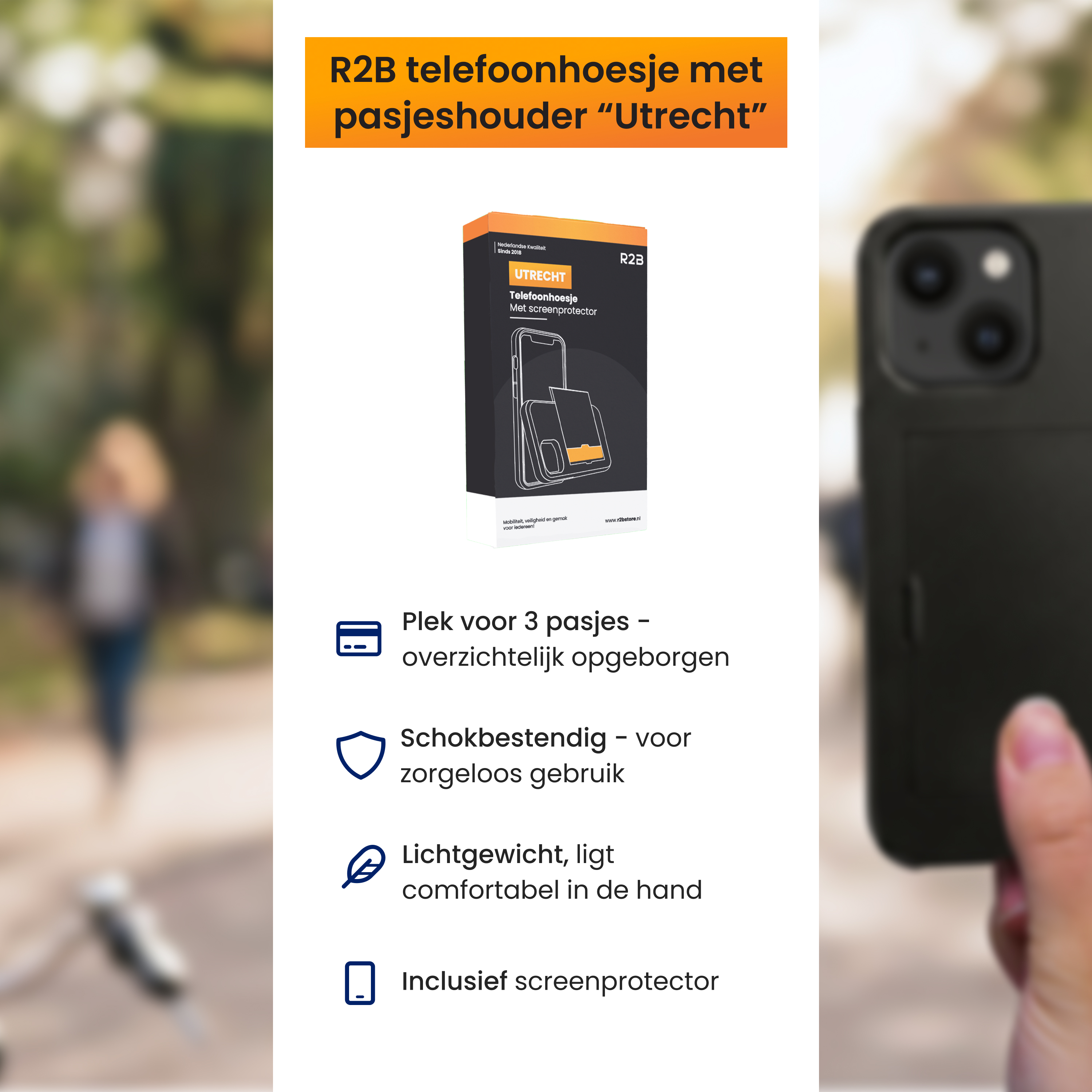 R2B Handyhülle mit Kartenfach "Utrecht". Mit 3 Kartenfächern, stoßfest, leicht.