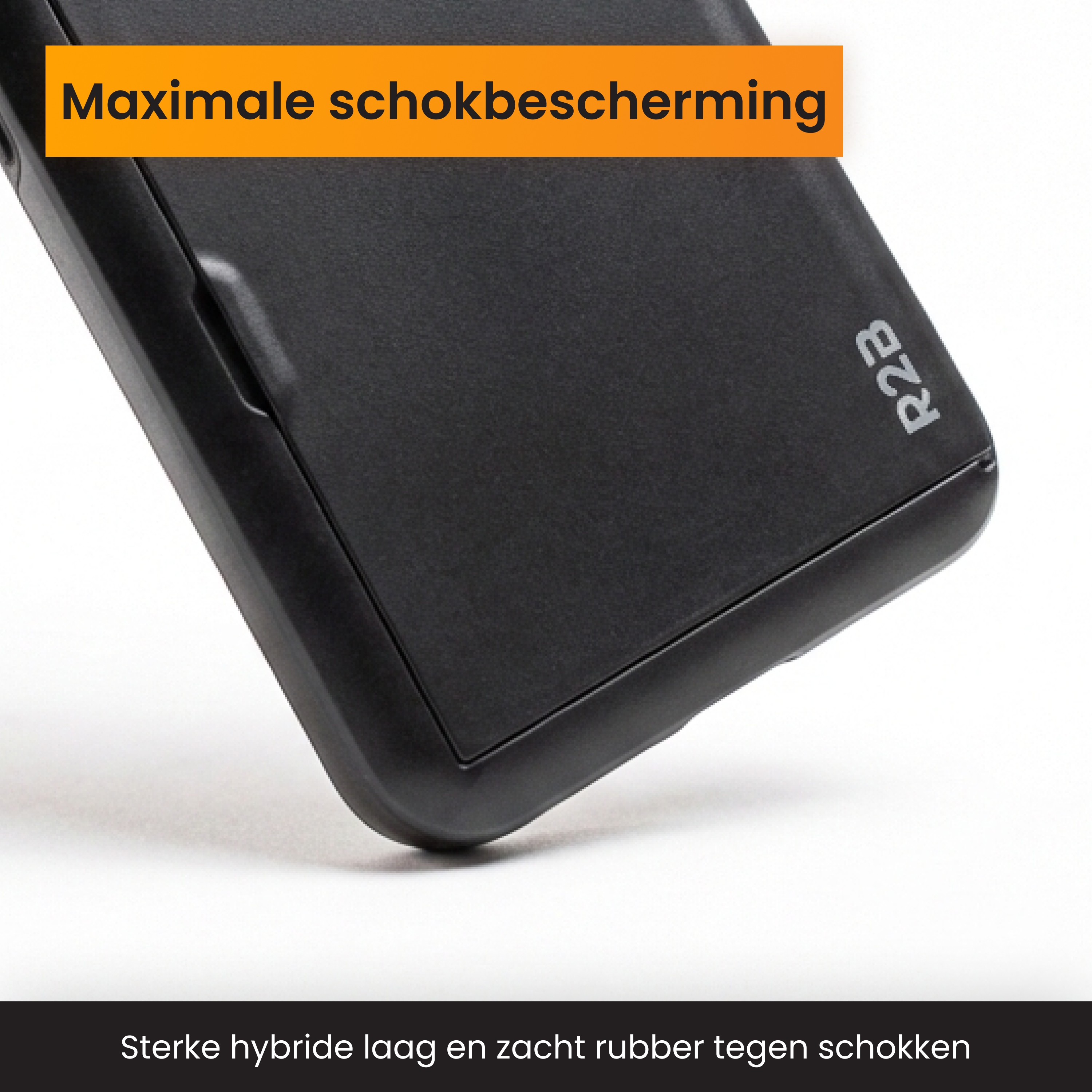 Zwarte telefoonhoes met oranje tekst. Maximale schokabsorptie.