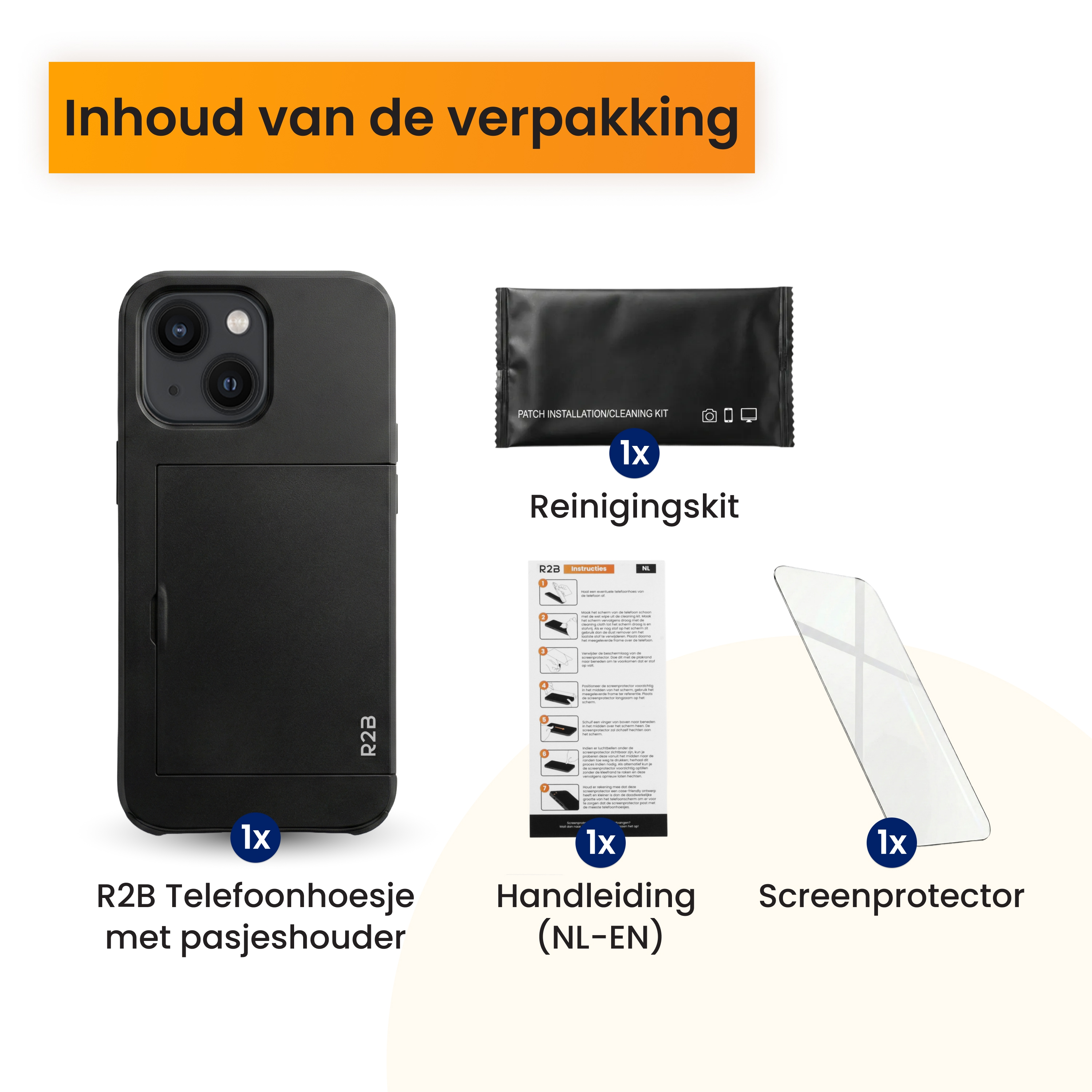Inhoud van de verpakking: Telefoonhoesje, reinigingskit, handleiding, screenprotector.