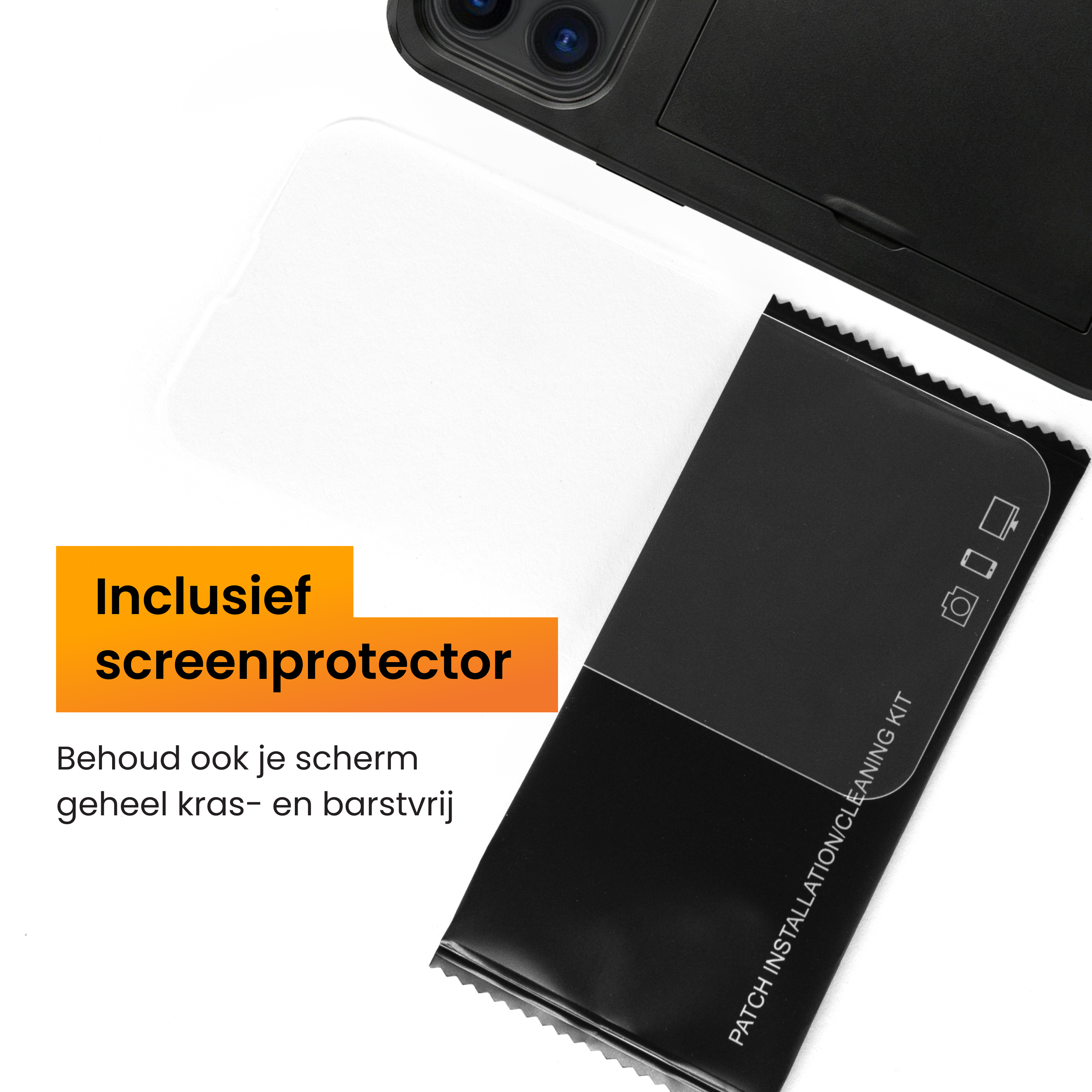Kit de nettoyage noir et protecteur d'écran à côté d'un module caméra.