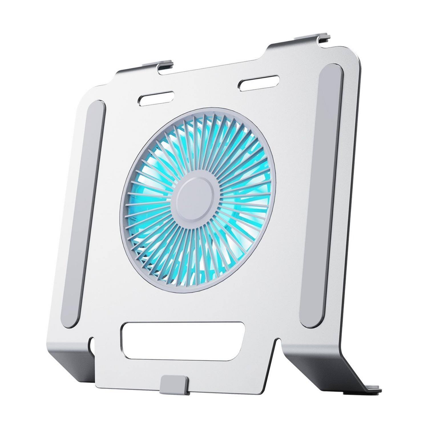 Ein silberner Laptop-Ständer mit integriertem blauen Lüfter.