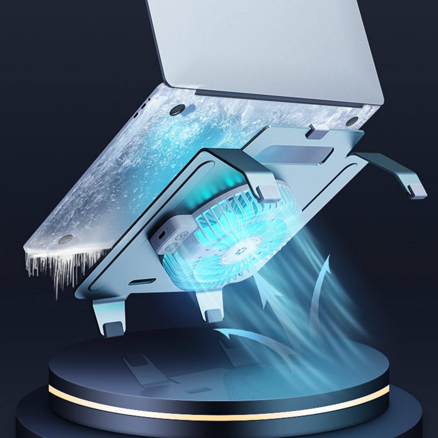 Ein Laptop ruht auf einem Ständer mit einem beleuchteten Lüfter, der kühle Luft bläst.