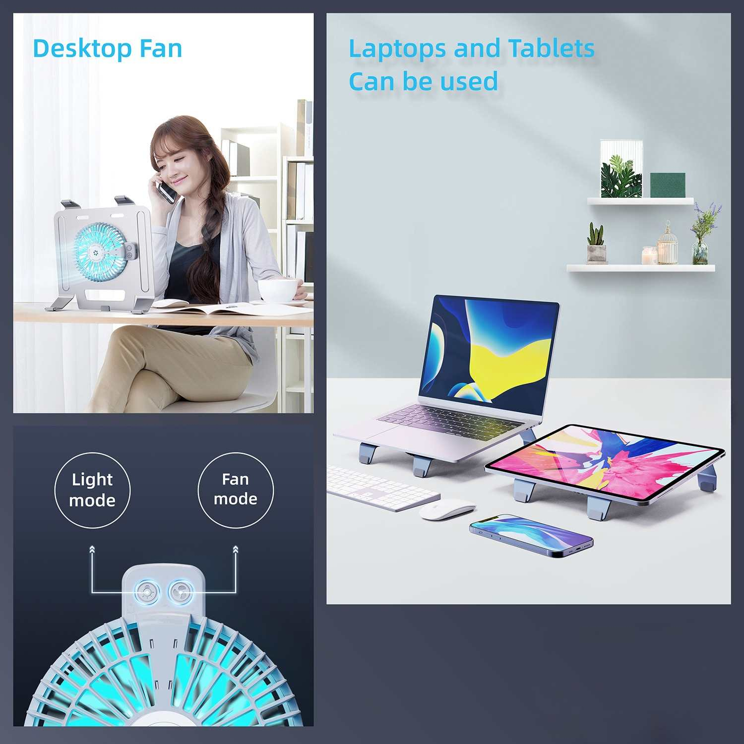 Ein Schreibtischventilator mit blauen Lichtern und ein Laptop-Ständer mit Geräten.