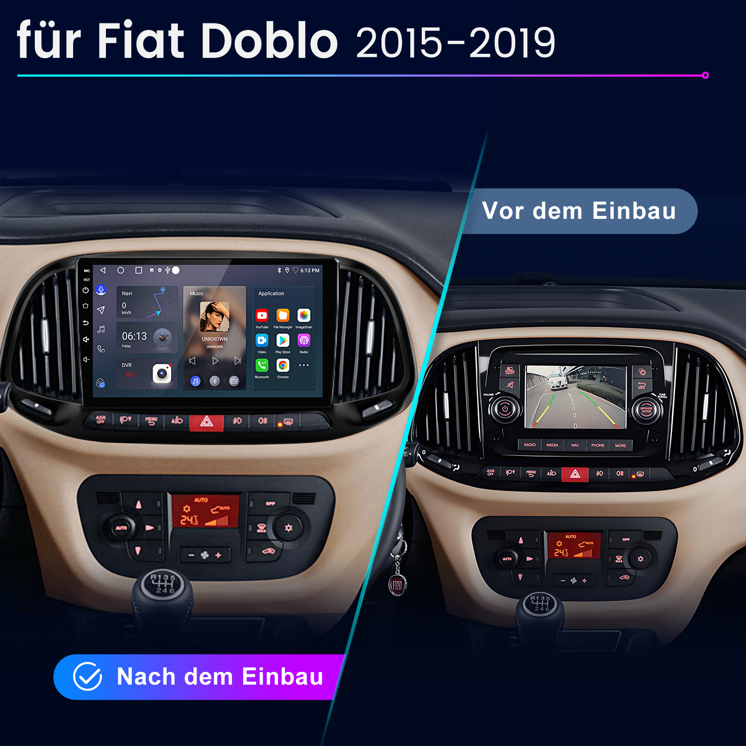 Vorher/Nachher-Vergleich eines Fiat Doblo Armaturenbretts mit neuem Infotainmentsystem.