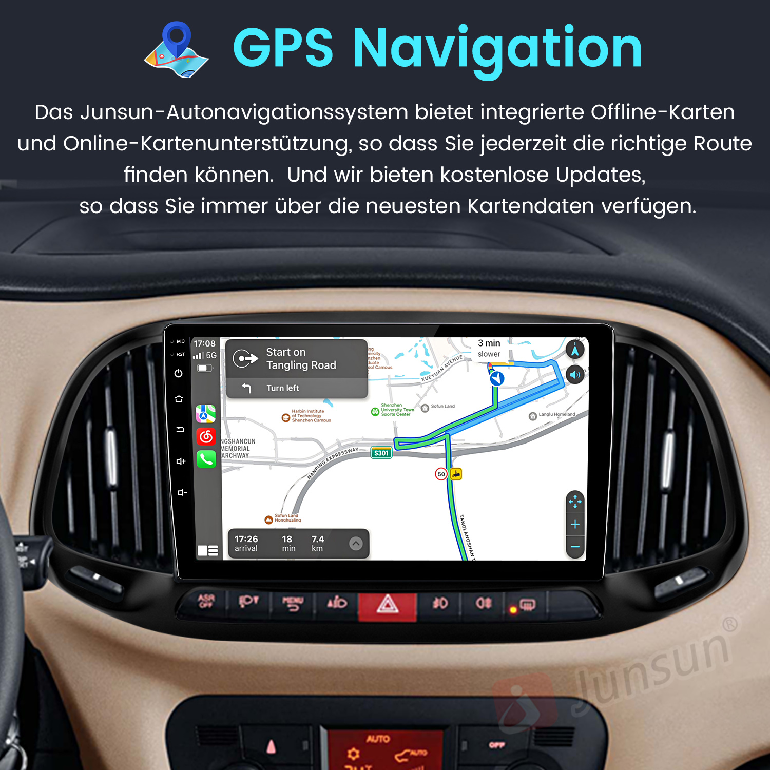 Un sistema di navigazione per auto che mostra un percorso su mappa sullo schermo.