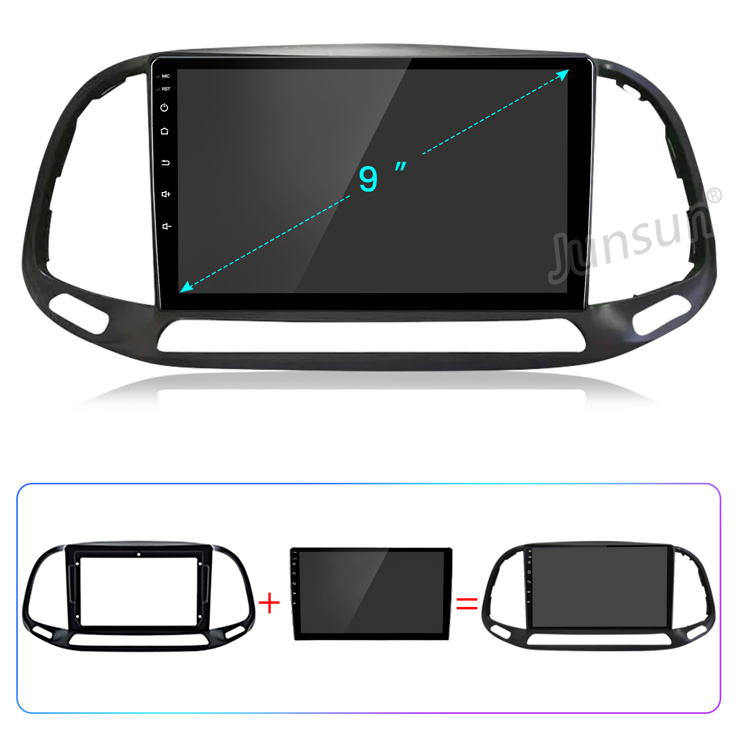 Ein 9-Zoll-Autoradio-Display mit schwarzem Rahmen. Unten Montageanleitung.