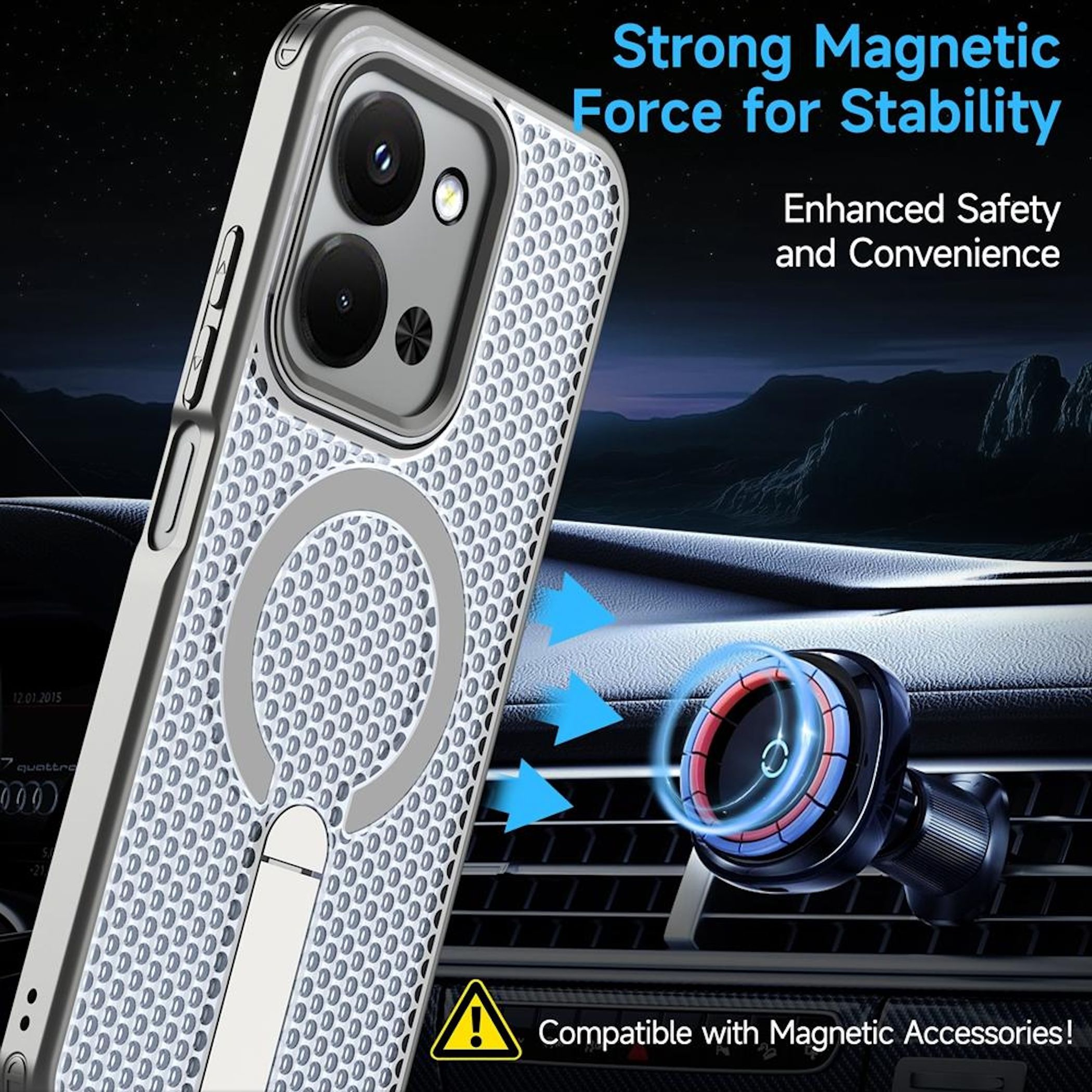 Silbernes Handyhülle mit Magnetring im Auto an Lüftungsgitter befestigt.