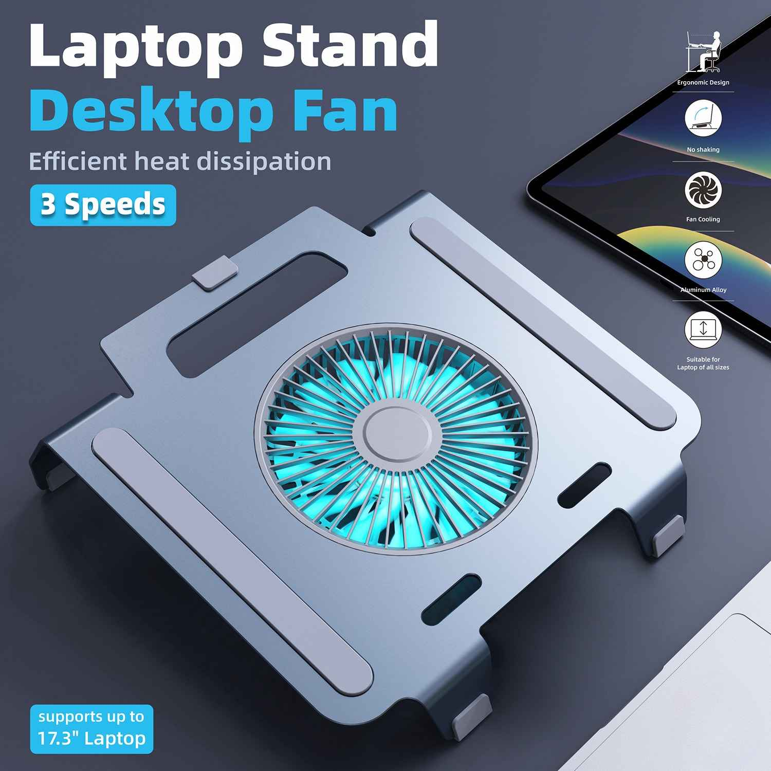 Laptop-Ständer mit Desktop-Lüfter, 3 Geschwindigkeiten, Aluminiumlegierung.