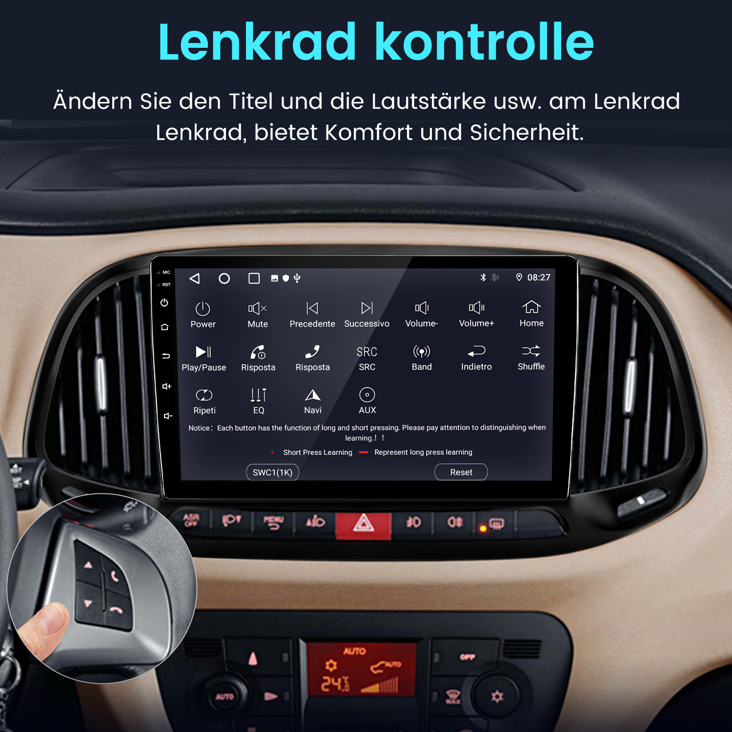 Schermo infotainment auto con comandi al volante.