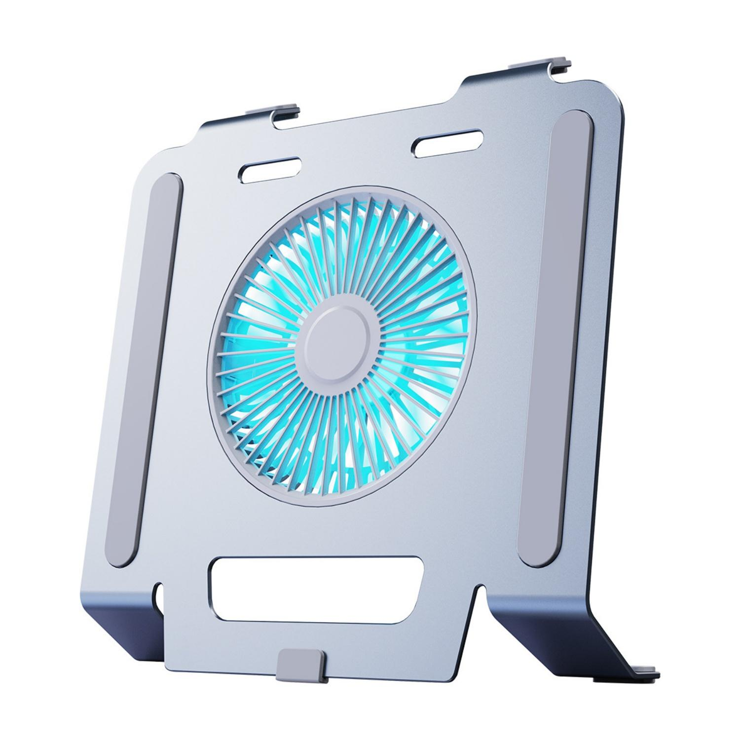 Ein Laptop-Ständer aus Metall mit integriertem blau beleuchtetem Lüfter.