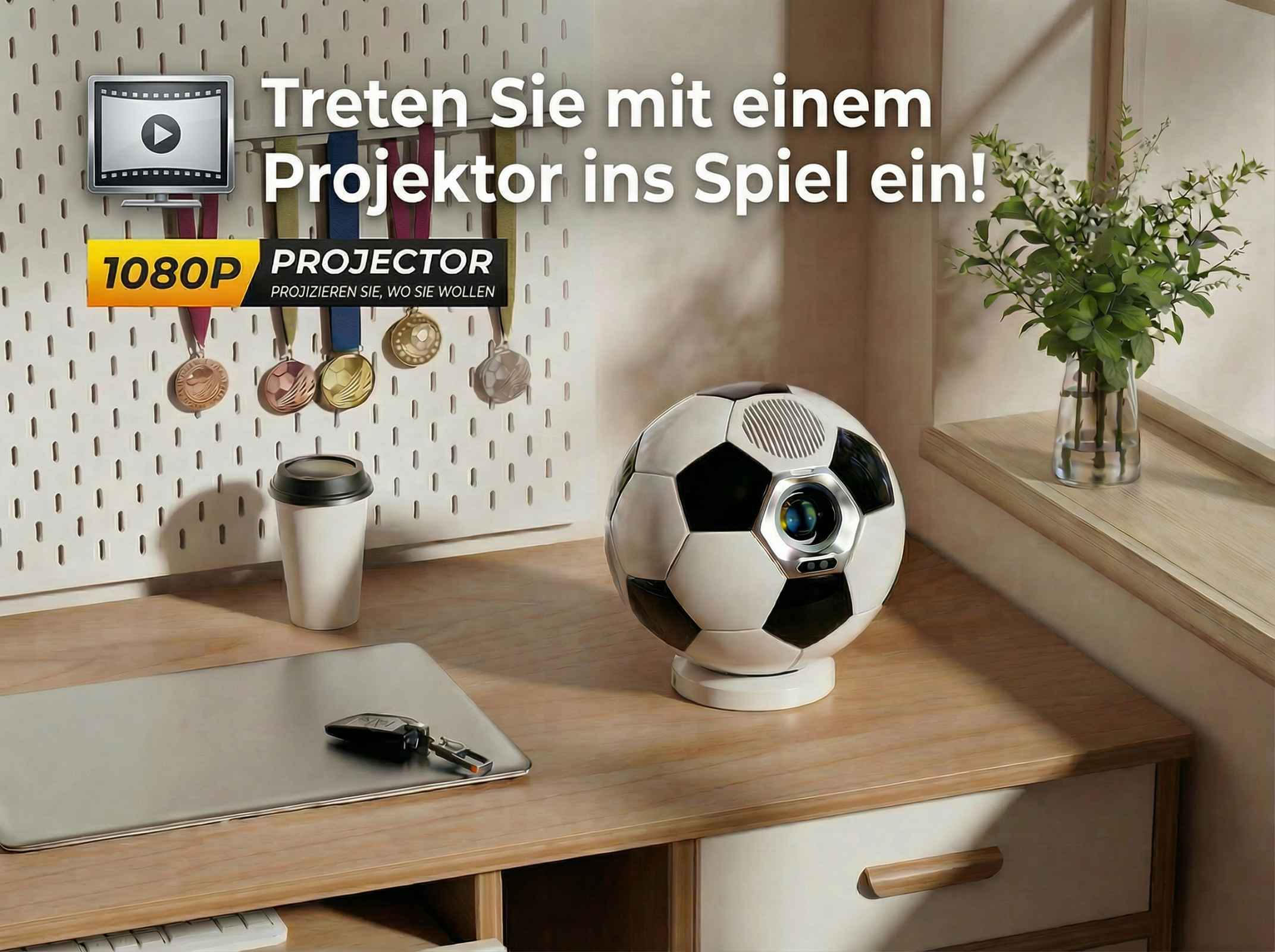 Ein Projektor in Fußballform steht auf einem Schreibtisch neben Medaillen.