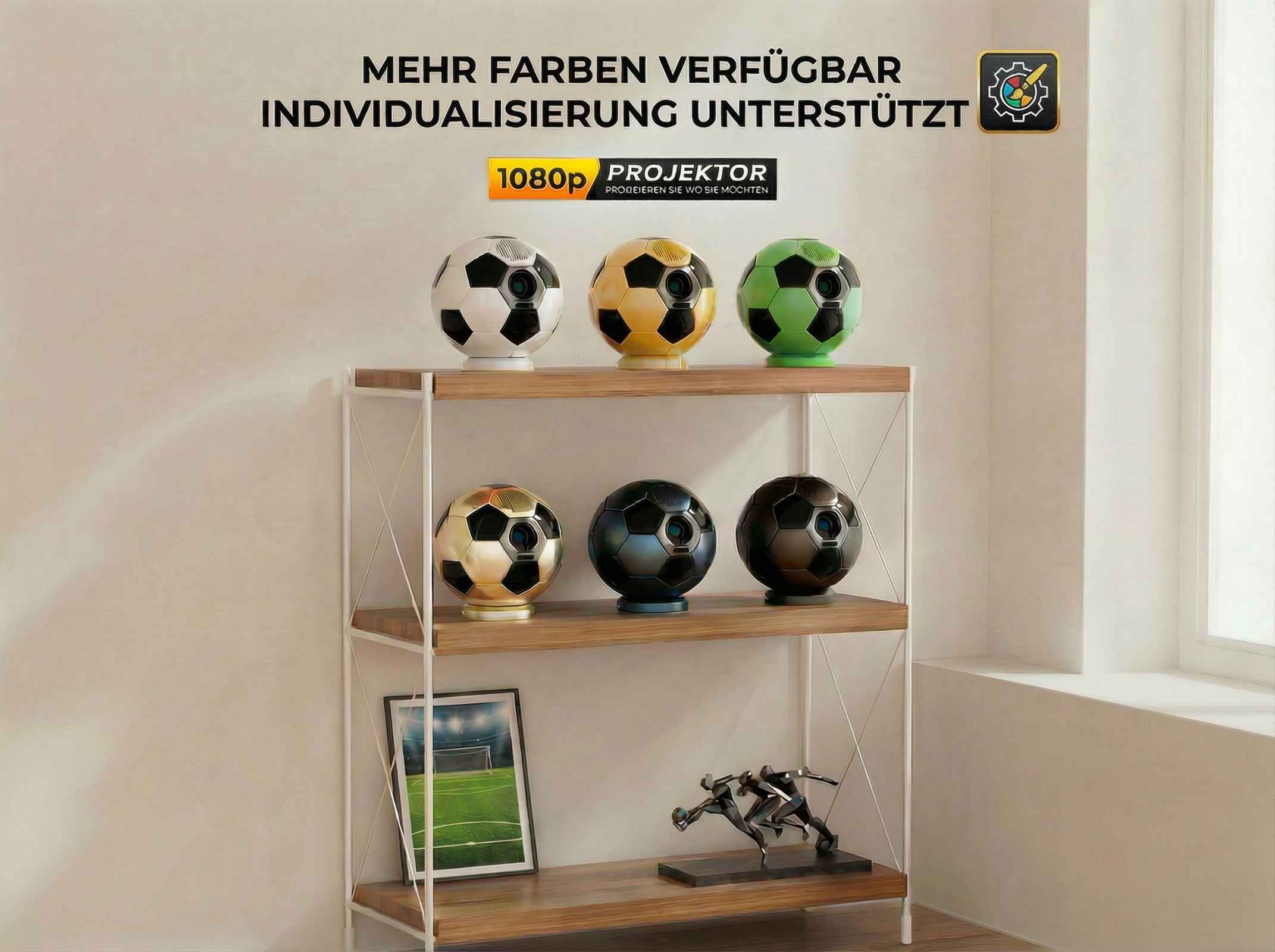 Sechs Fußball-Projektoren in verschiedenen Farben auf einem Regal.