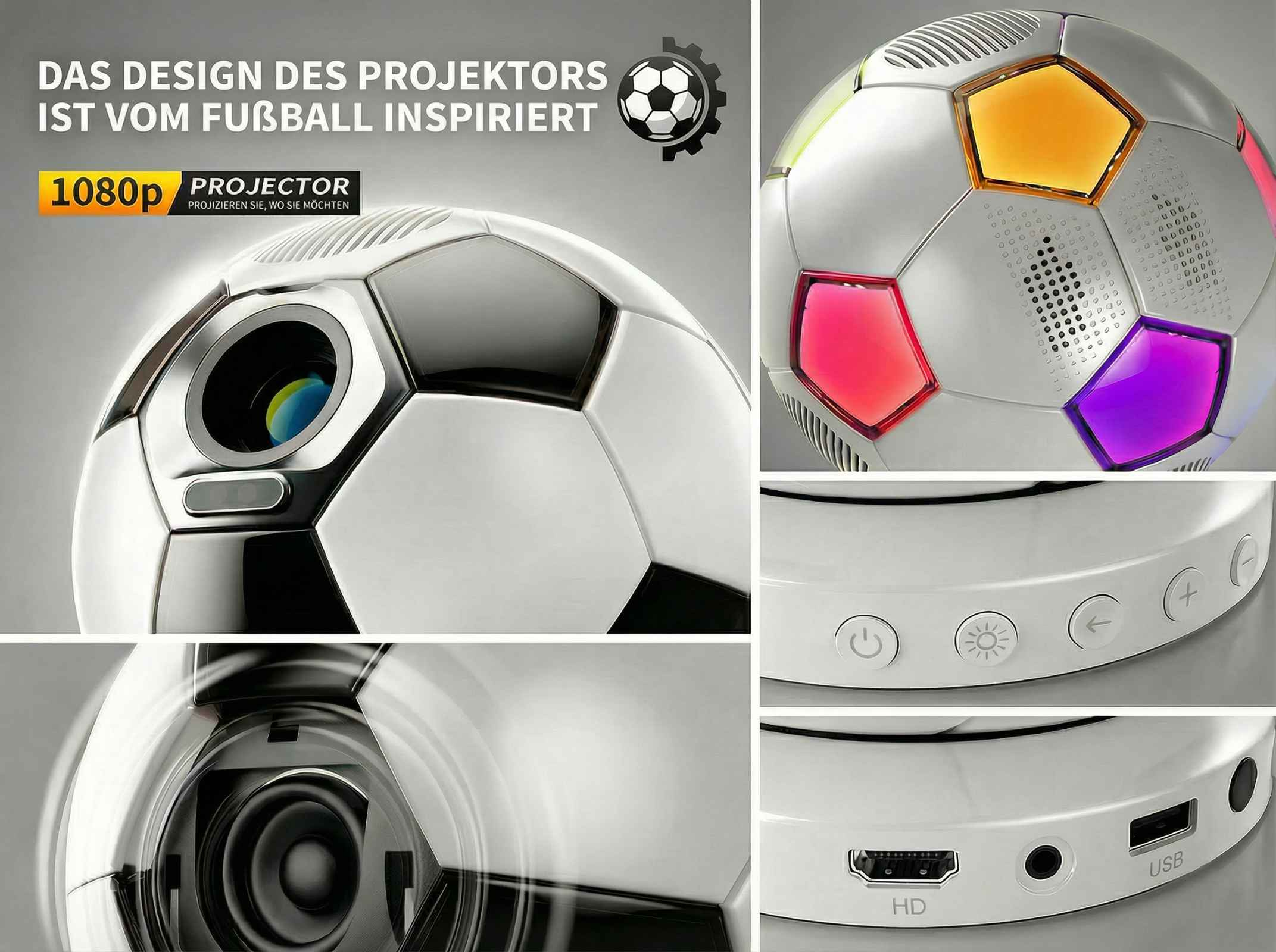 Ein Projektor im Fußball-Design mit 1080p Auflösung und farbigen Akzenten.