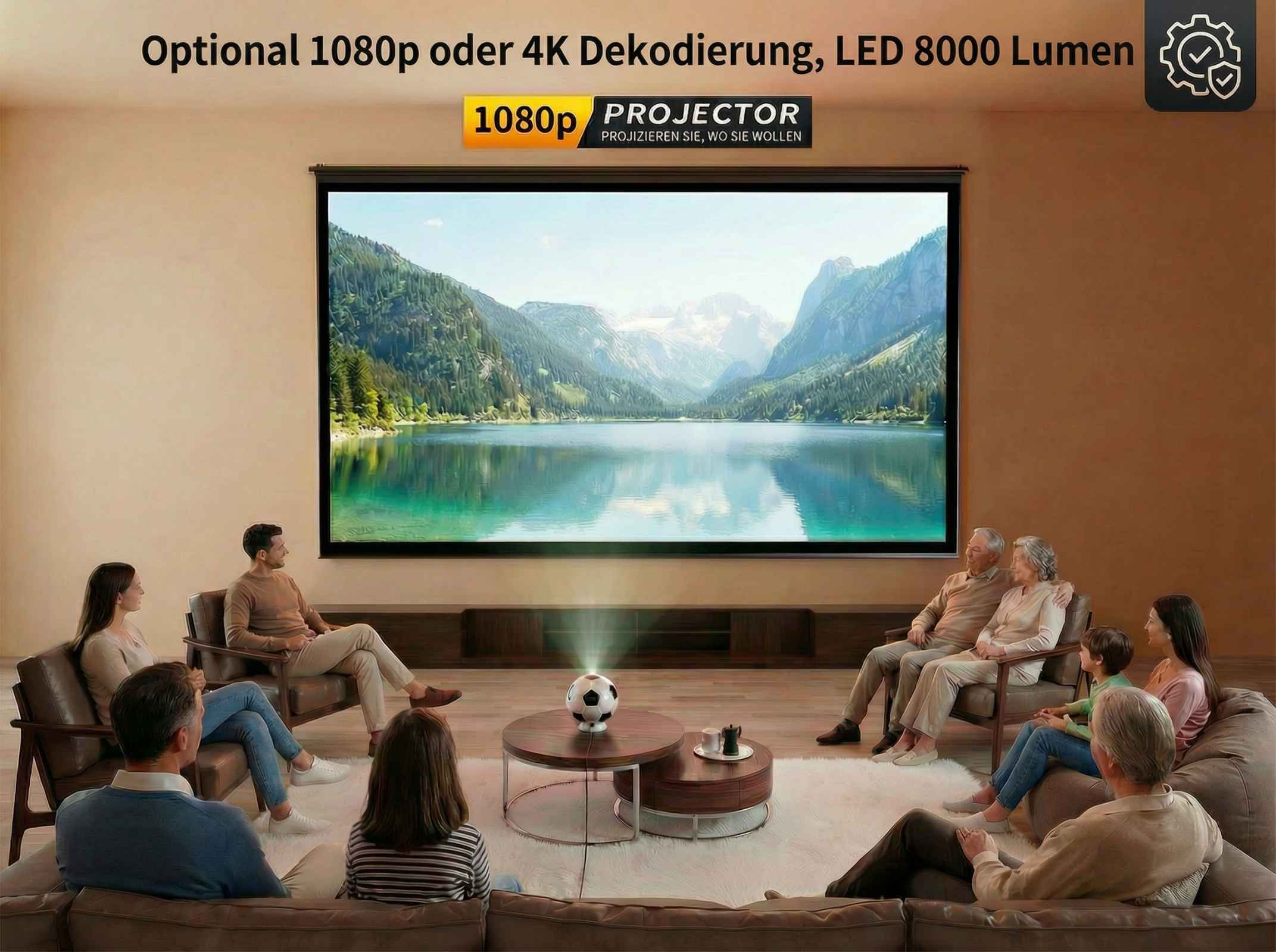 Familie schaut Film auf Projektor mit Berg- und Seenlandschaft. Ein kleiner Fußball leuchtet.