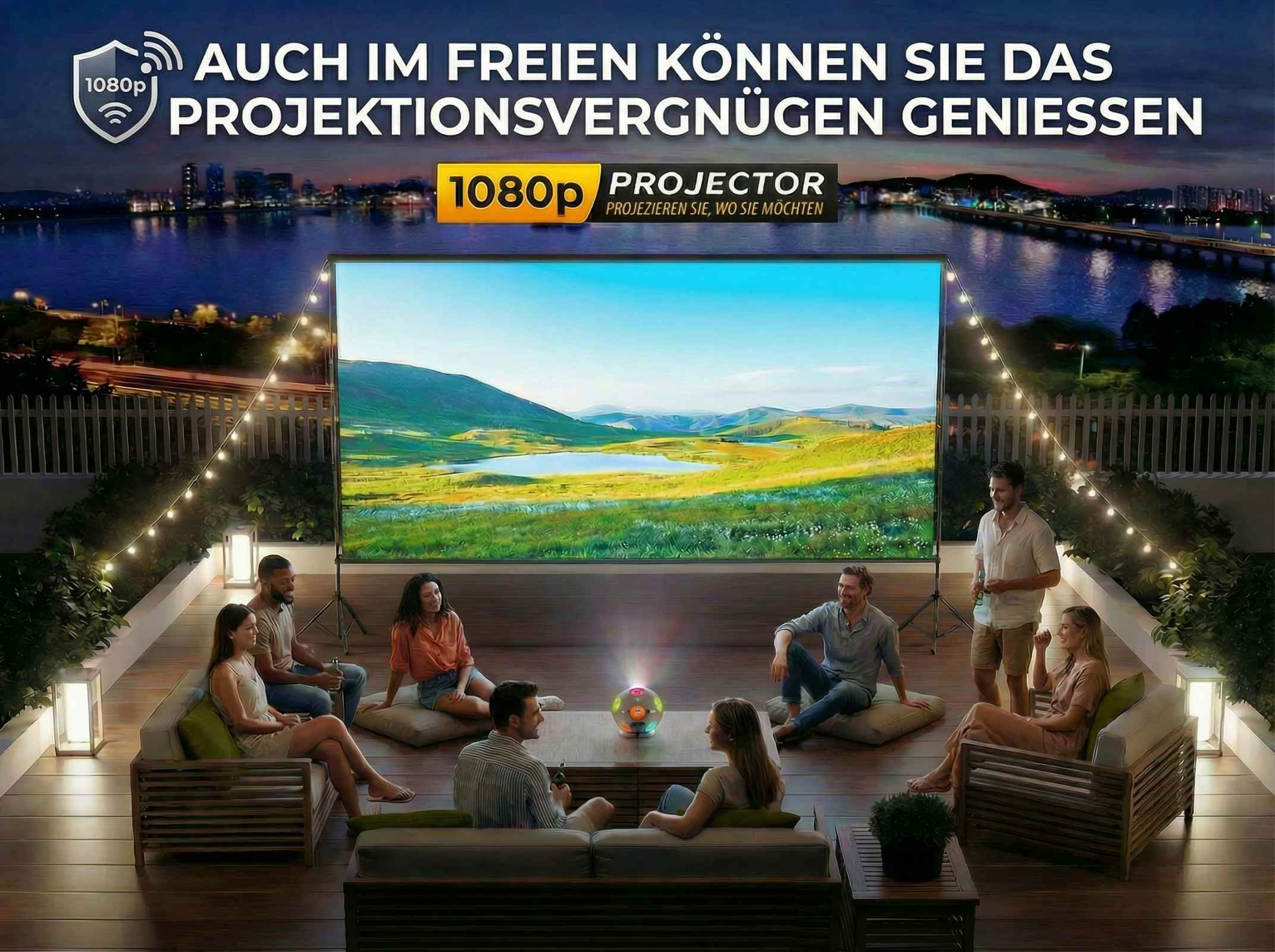 Menschen genießen einen Filmabend im Freien mit einem 1080p Projektor.