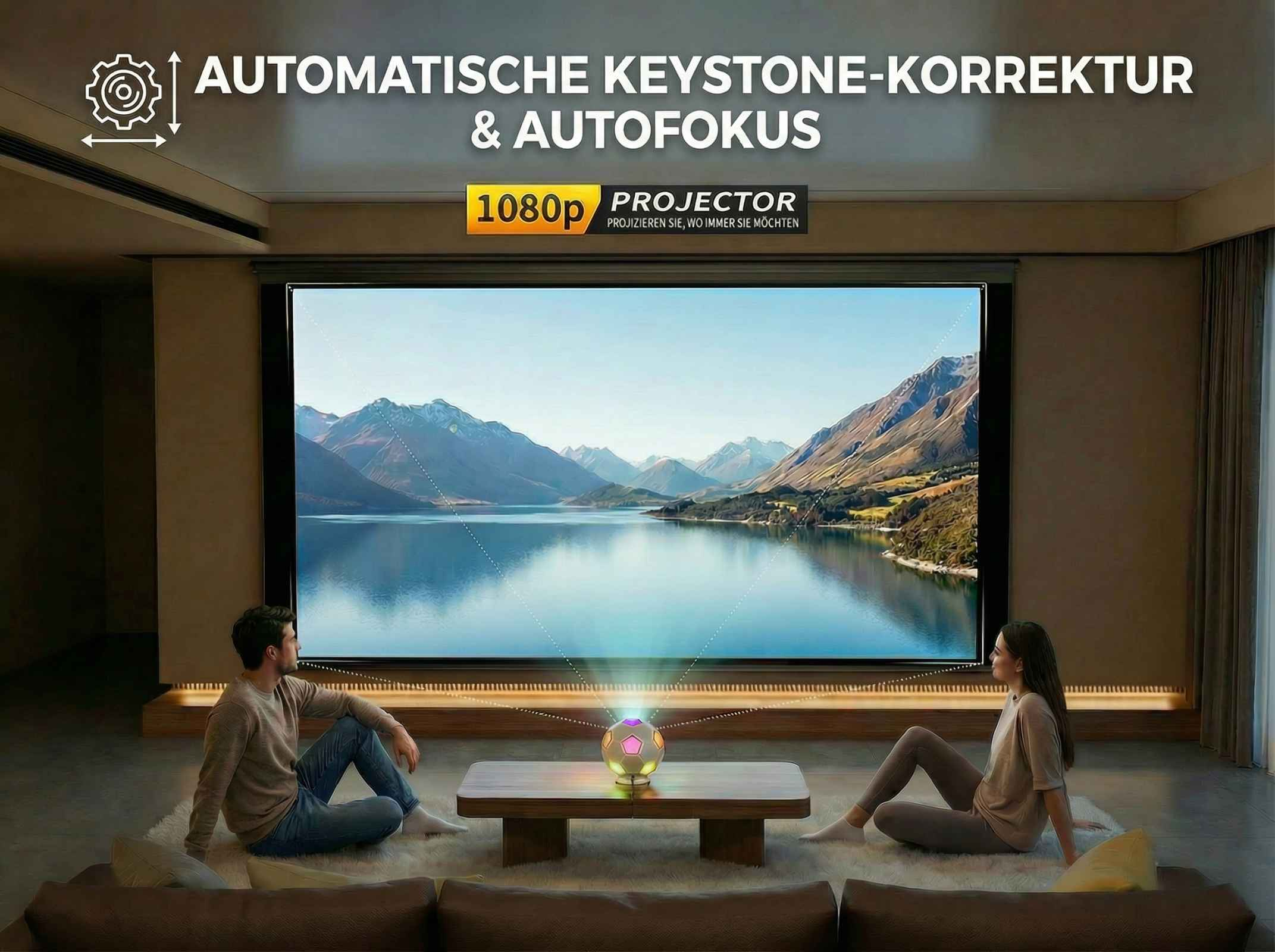 Ein Mann und eine Frau sitzen vor einem Projektor, der eine Berglandschaft zeigt.