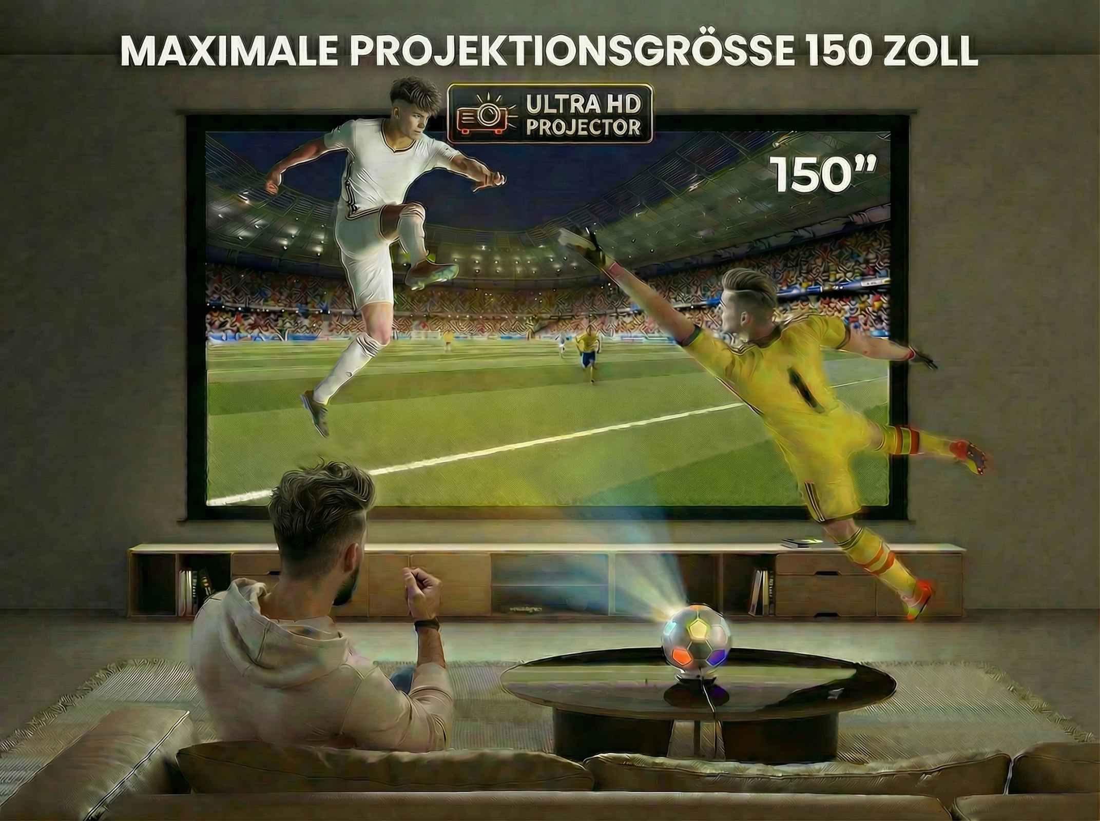 Fußballspiel auf 150-Zoll-Leinwand, projiziert von einem Tischprojektor. Mann schaut zu.