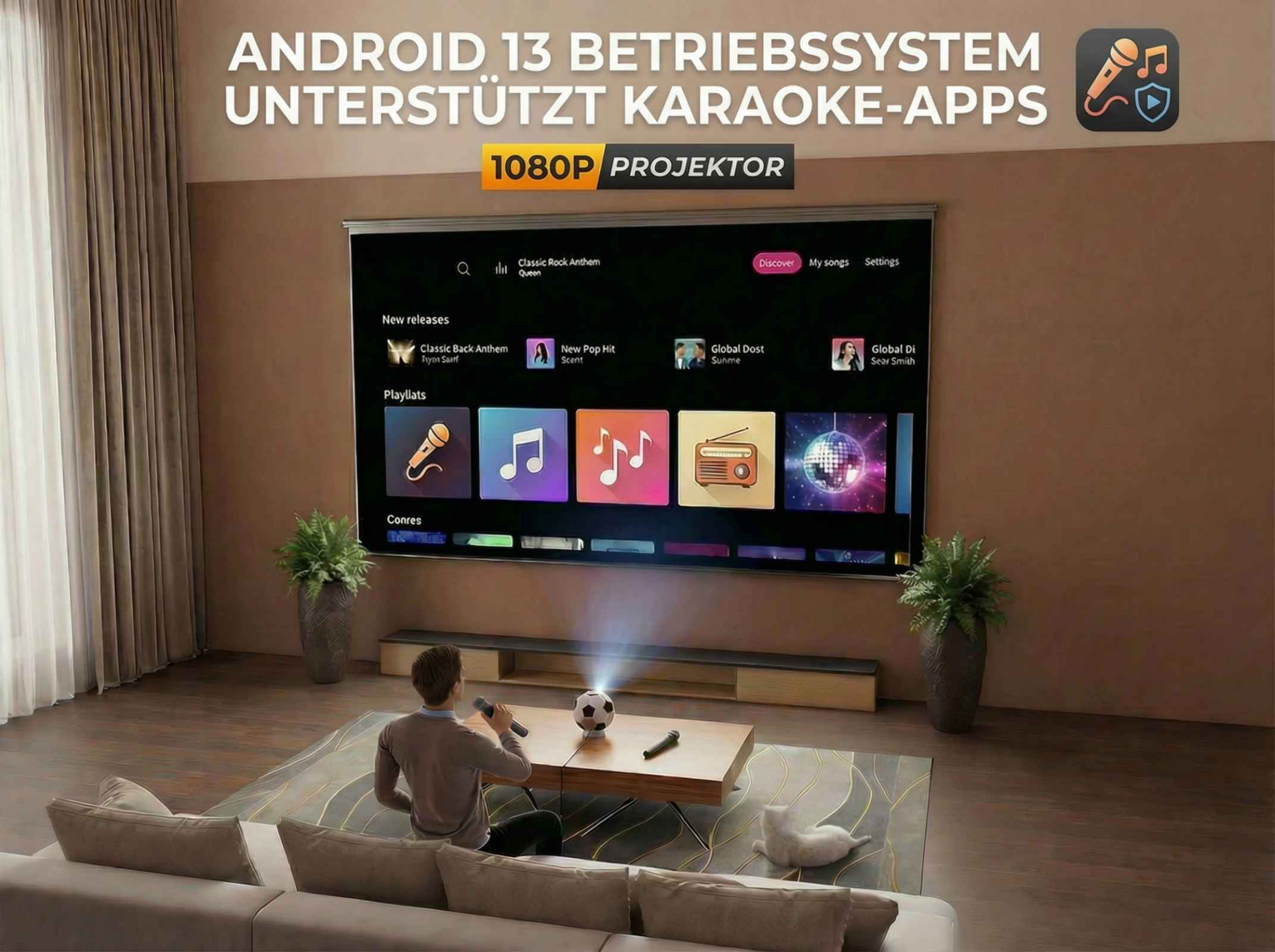 Ein Mann sitzt auf einem Sofa und hält ein Mikrofon. Ein Projektor wirft ein Bild einer Karaoke-App auf einen Bildschirm.