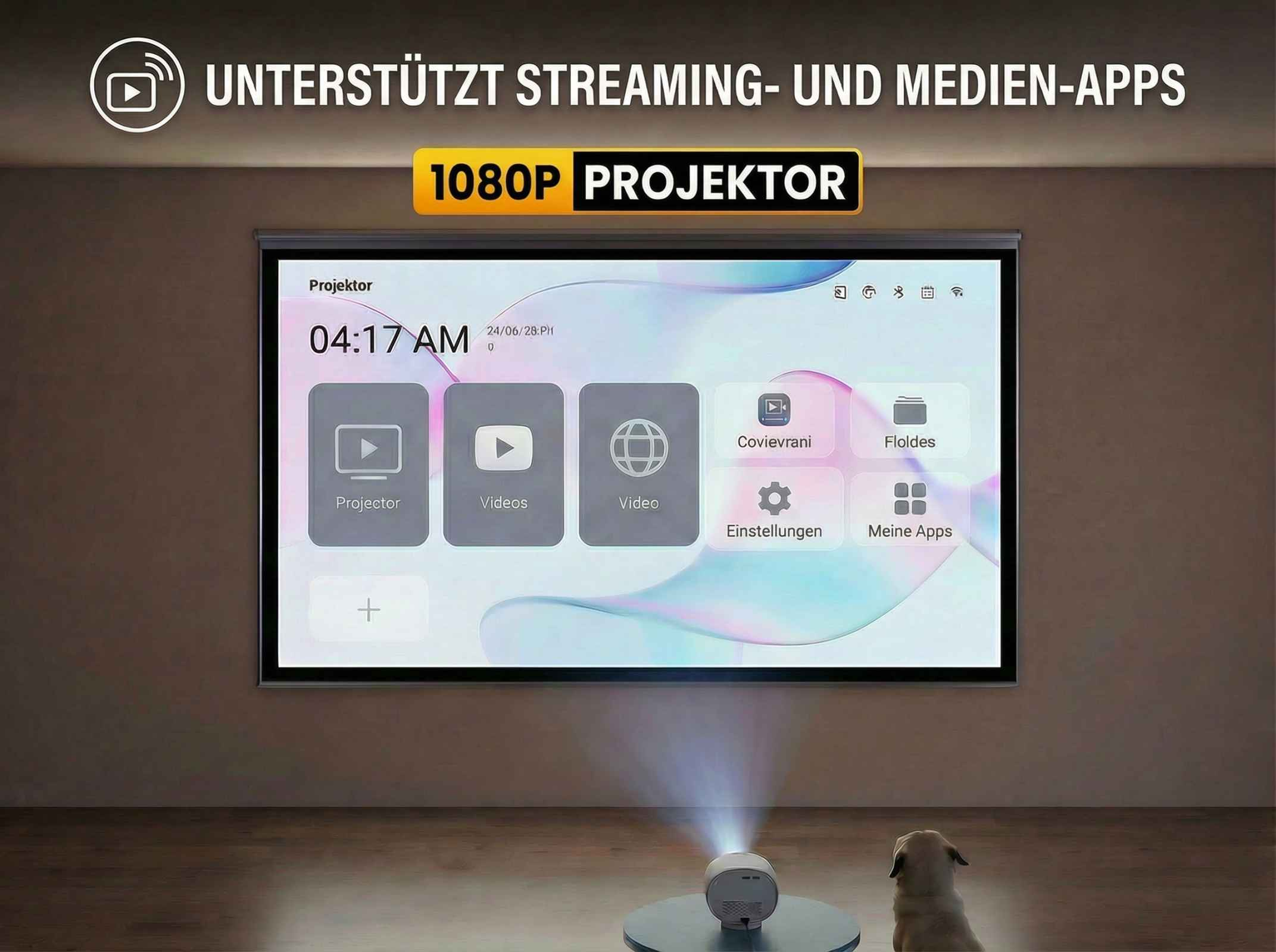 Ein Projektor wirft ein Bild auf einen Bildschirm. Ein Hund sitzt davor.