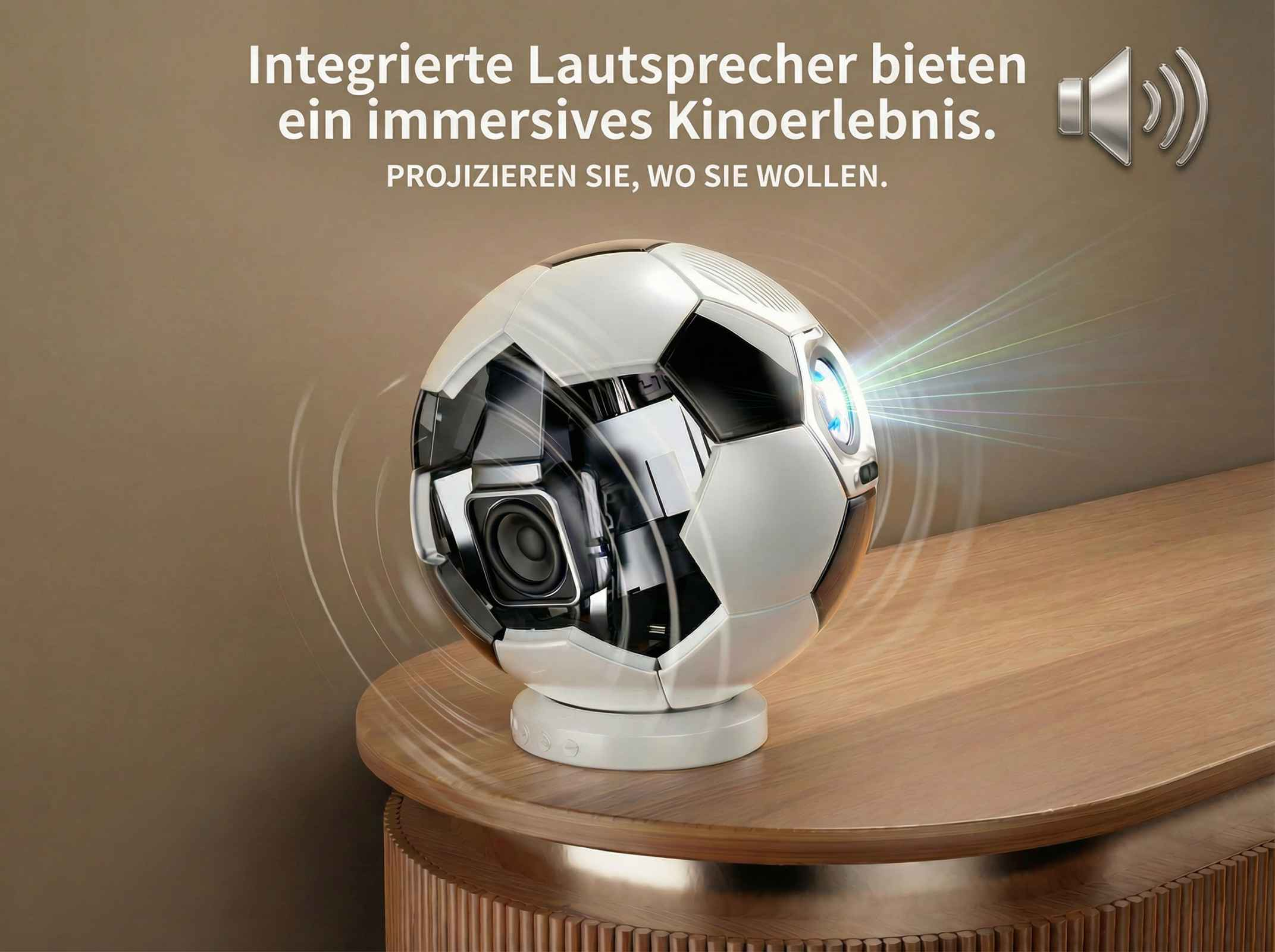 Ein Projektor in Fußballform mit integrierten Lautsprechern projiziert Lichtstrahlen.