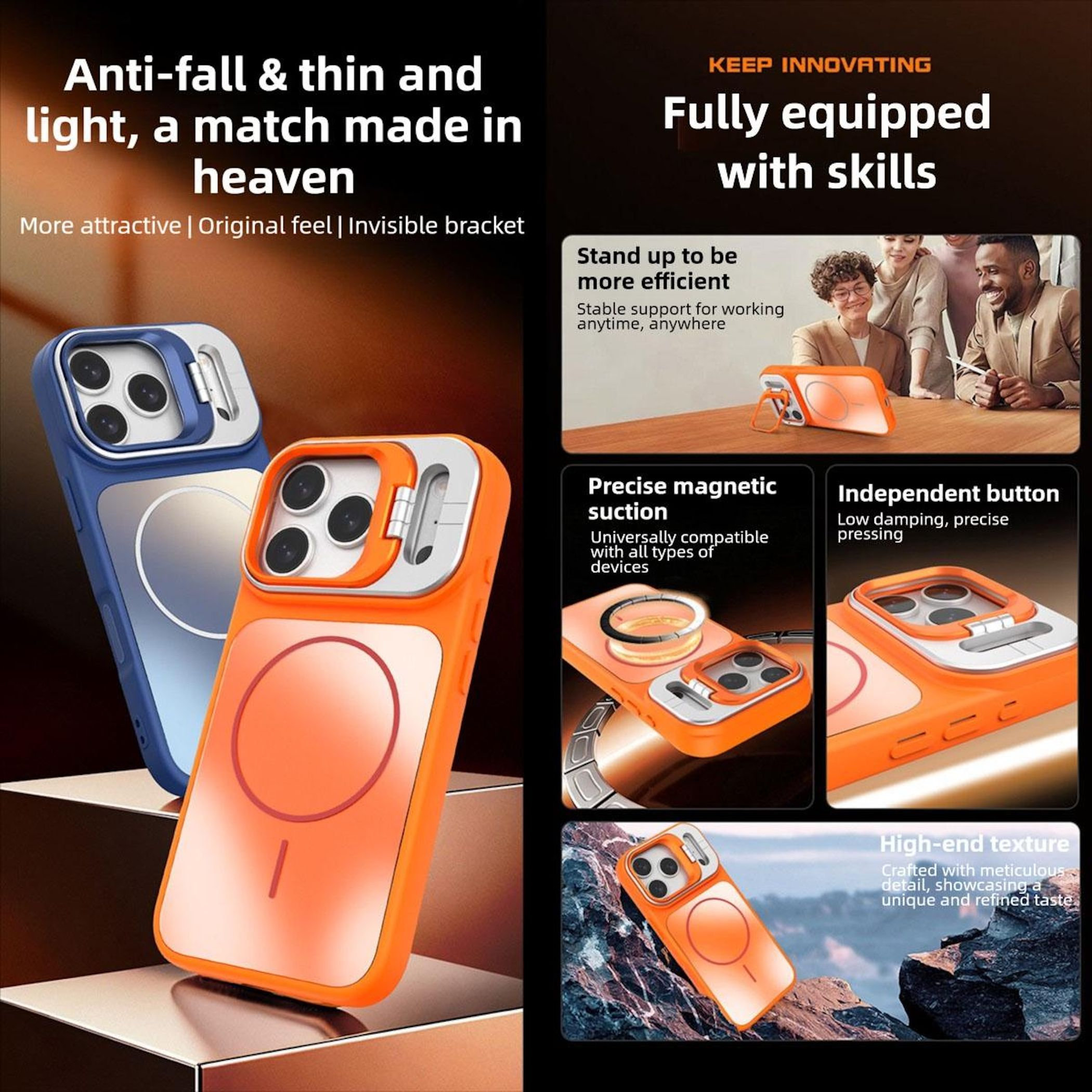 Schutzhüllen für Handys in Blau und Orange mit Fokus auf Funktionen wie magnetische Saugkraft.