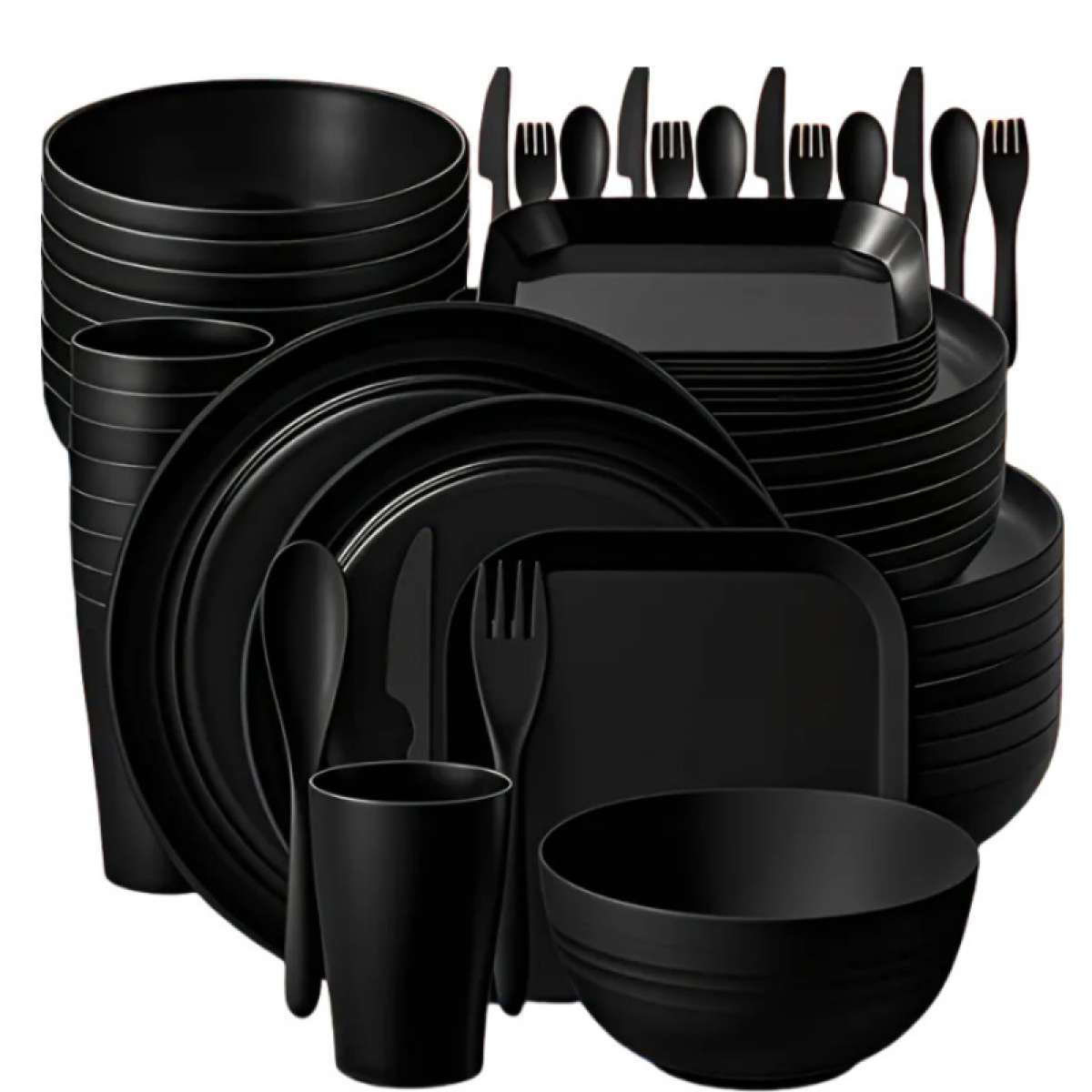 Schwarzes Geschirrset mit Tellern, Schalen, Bechern und Besteck.
