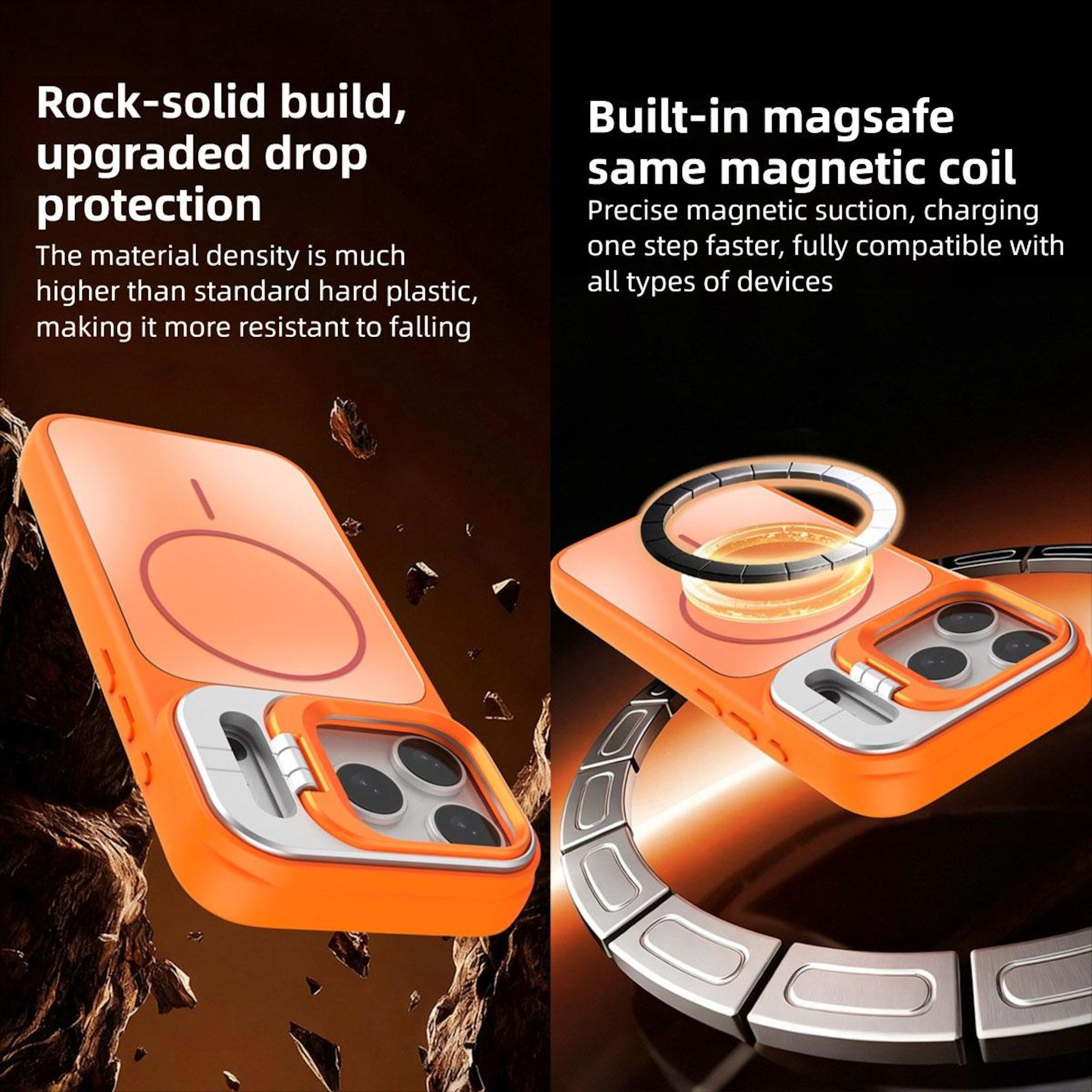 Orange Handyhülle mit MagSafe-Spule und Ringhalterung, vor Steinen und Glanz.