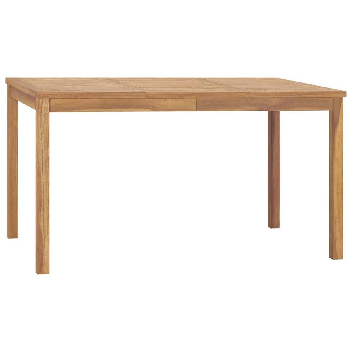 Un tavolo rettangolare in legno con quattro gambe e piano a doghe.