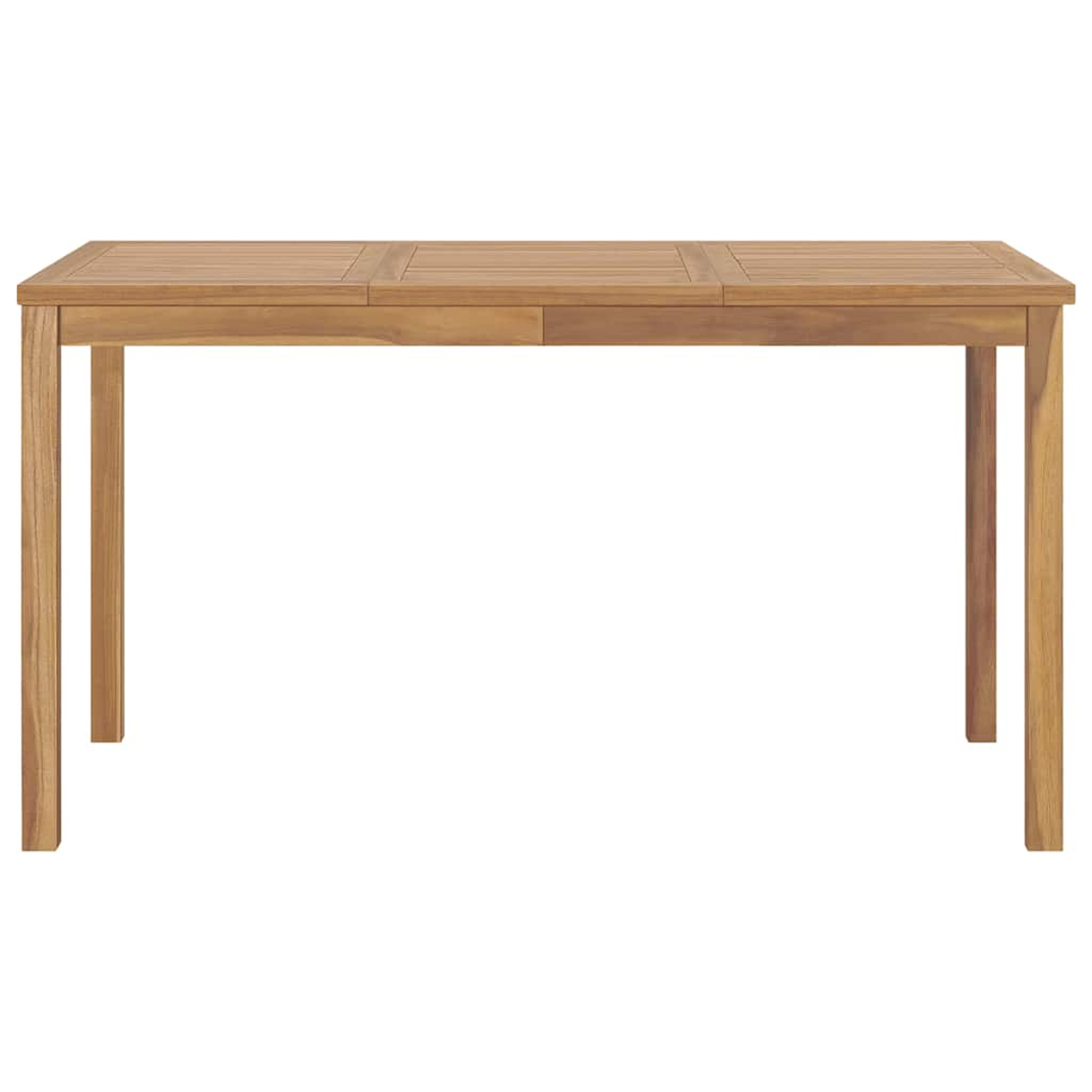 Un tavolo rettangolare in legno con piano a doghe e quattro gambe.