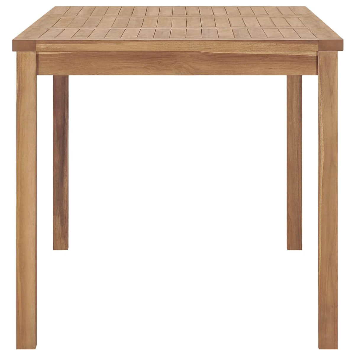 Un tavolo rettangolare in legno con piano a doghe e quattro gambe.