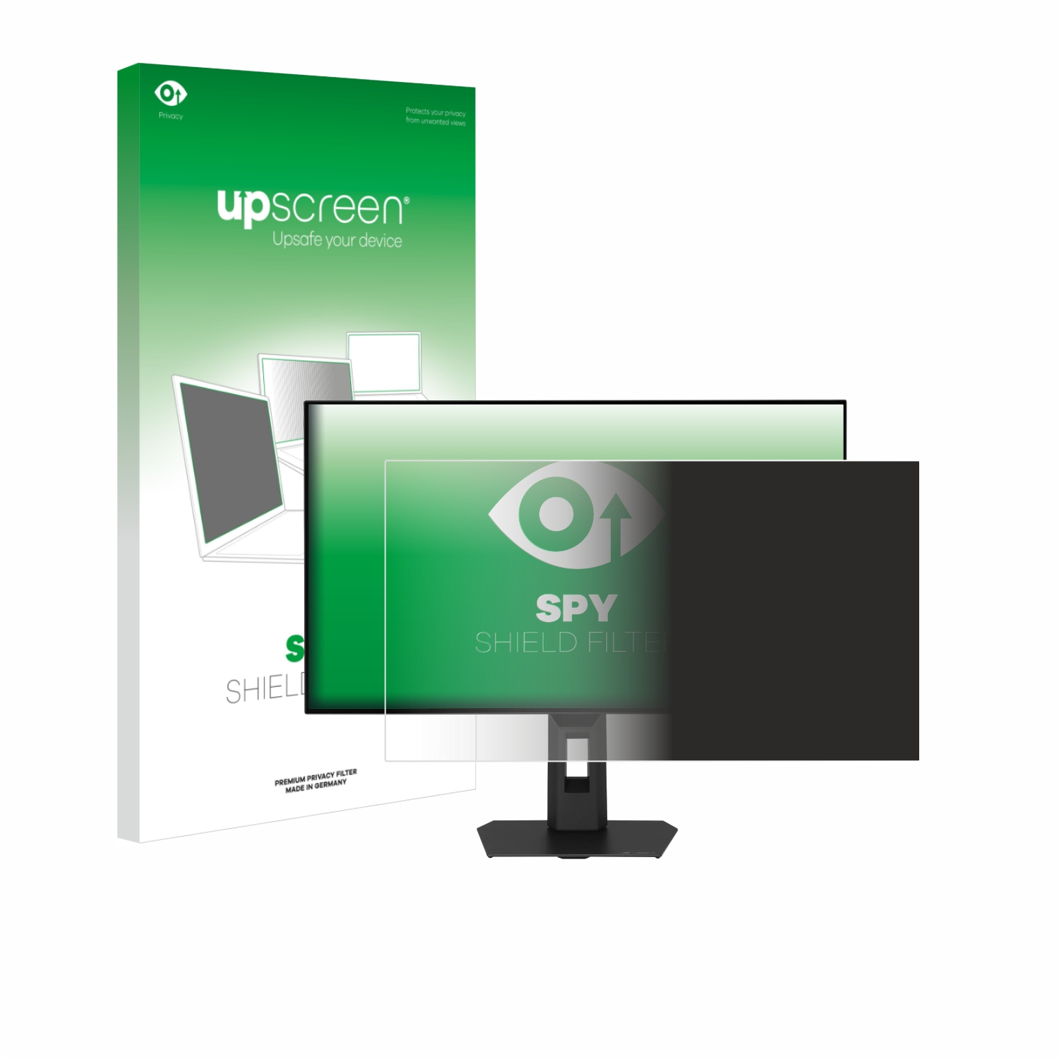 Ein Monitor mit einem grünen Paket und einem Sichtschutzfilter, der die Hälfte des Bildschirms abdunkelt.