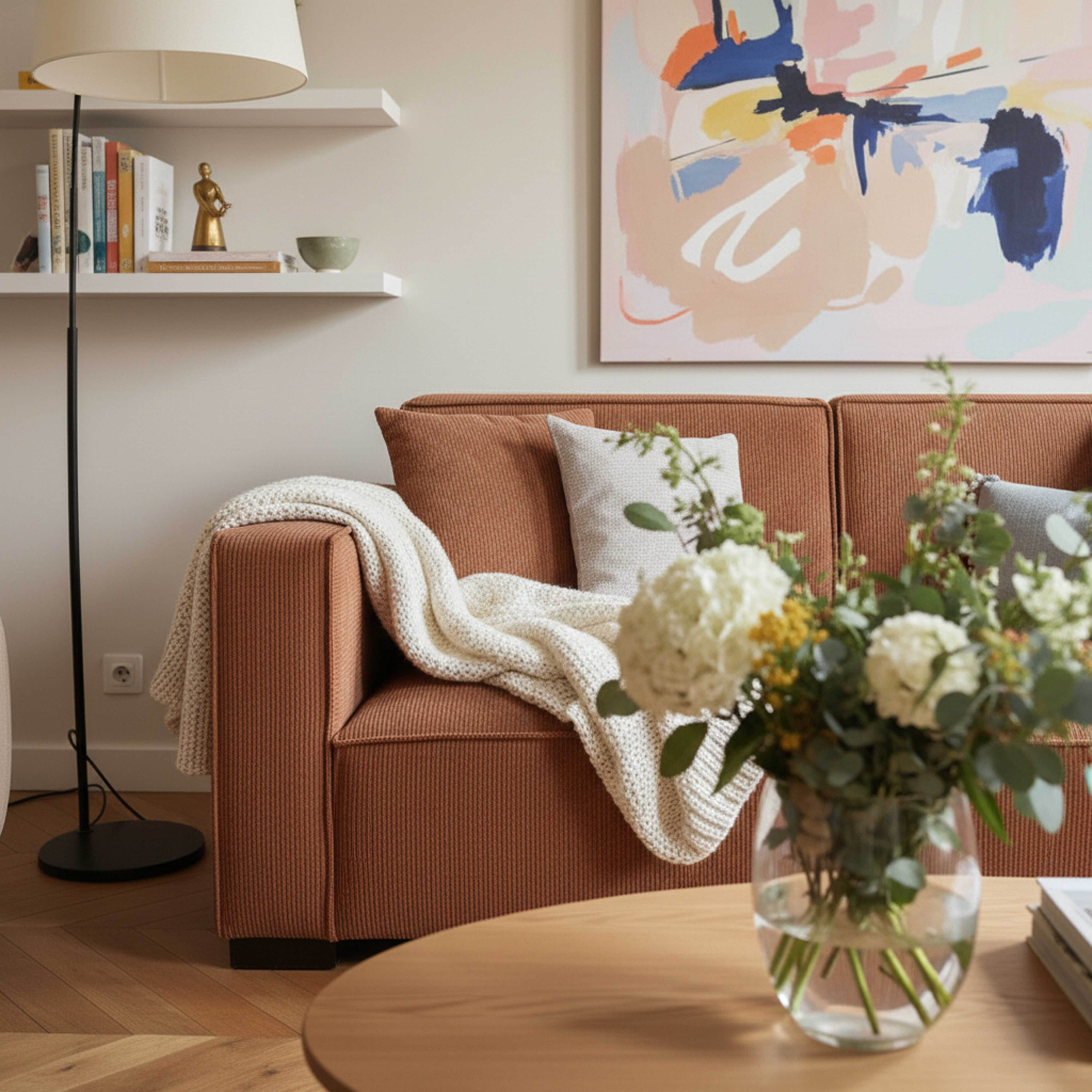 Ein orangefarbener Stoff-Sofa mit einer weißen Decke und Kissen, ein runder Holztisch.
