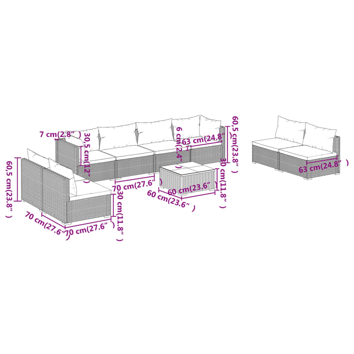 Set di mobili in rattan con cuscini bianchi, dimensioni indicate.