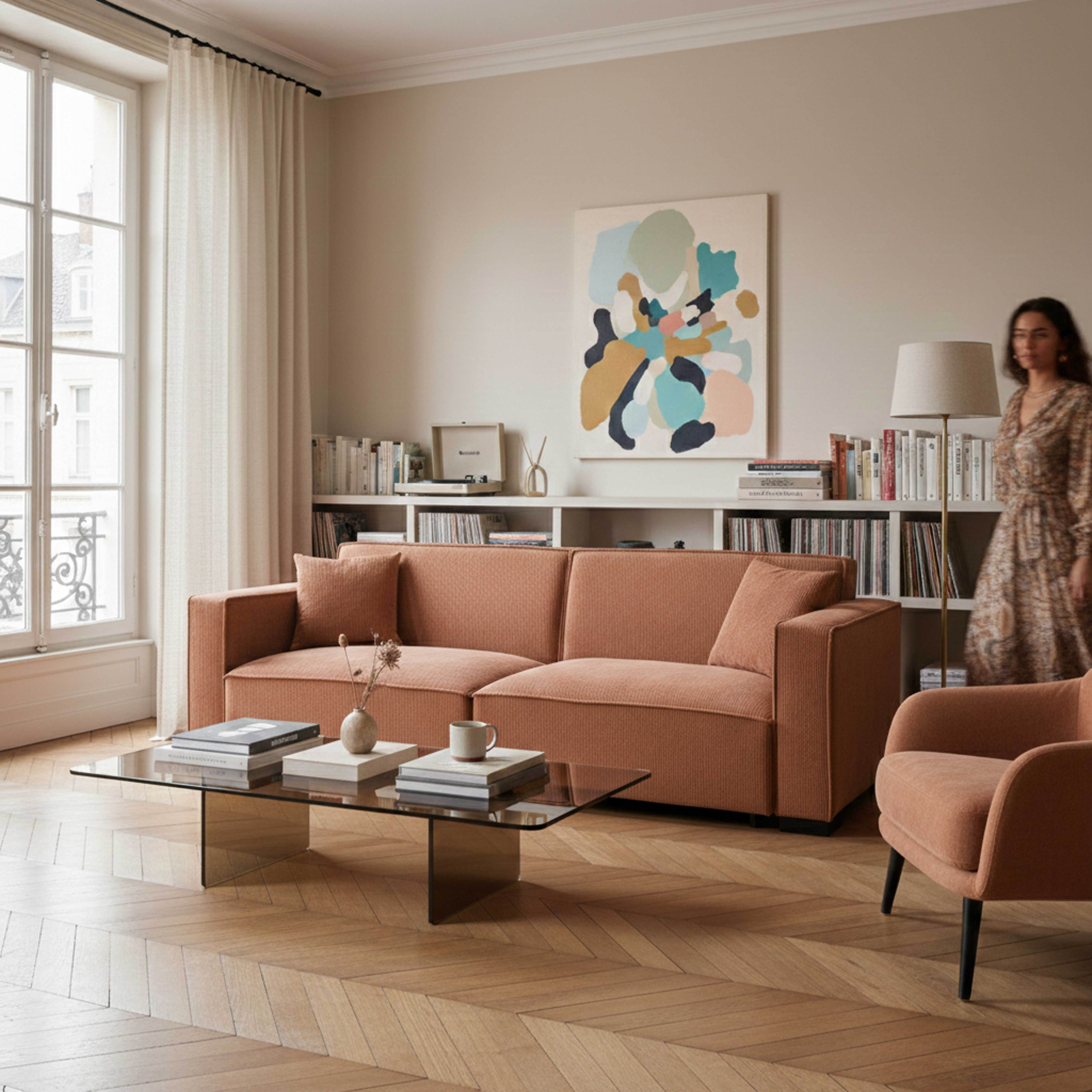 Ein Wohnzimmer mit einem orangefarbenen Sofa, einem Glastisch und Bücherregalen.