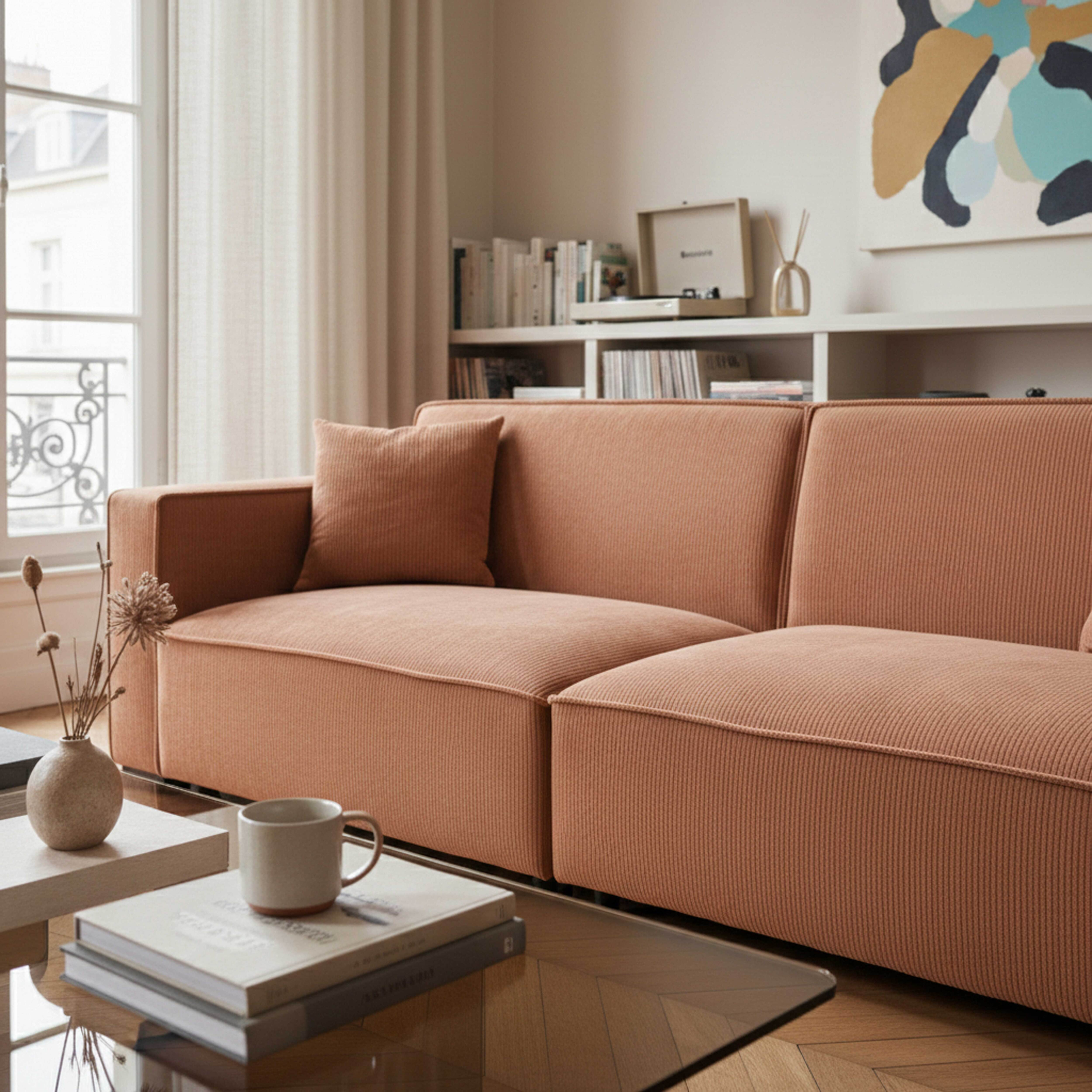 Ein korallenfarbenes Sofa mit Kordstoff vor einem Fenster mit Bücherregal.