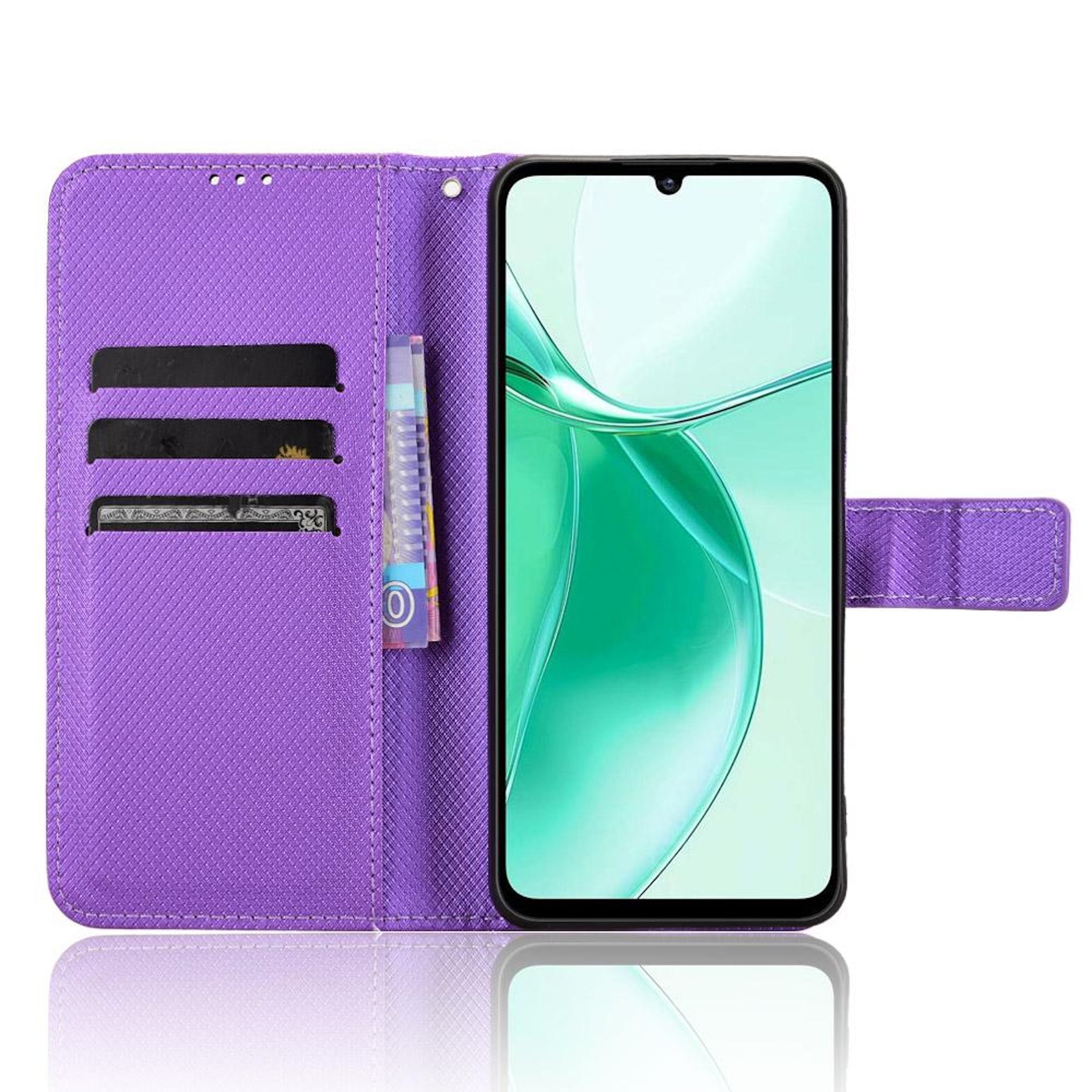 Lila Handyhülle mit Kartenfächern und einem Smartphone mit grünem Hintergrund.