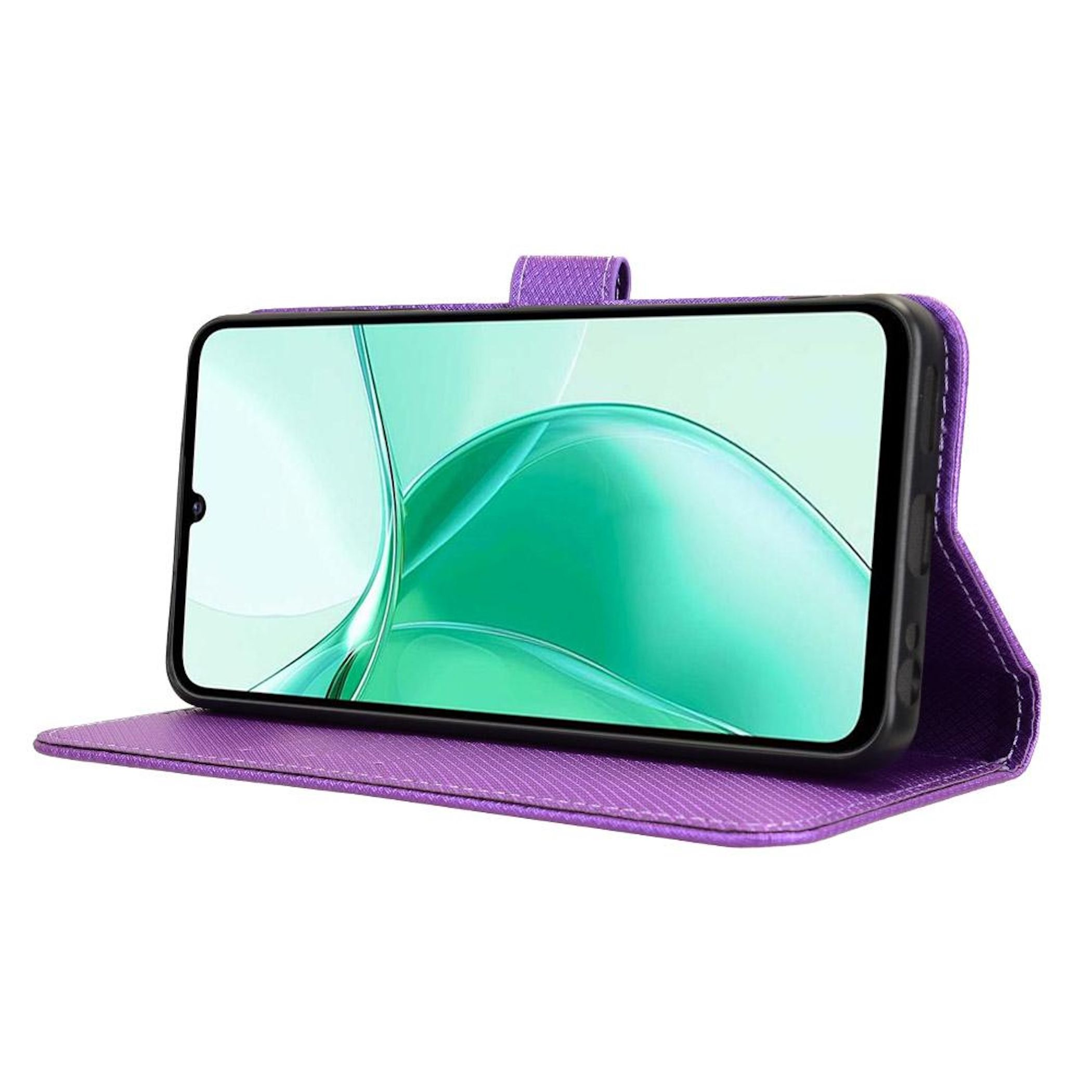 Lila Handyhülle mit offenem Klappdeckel und Smartphone.
