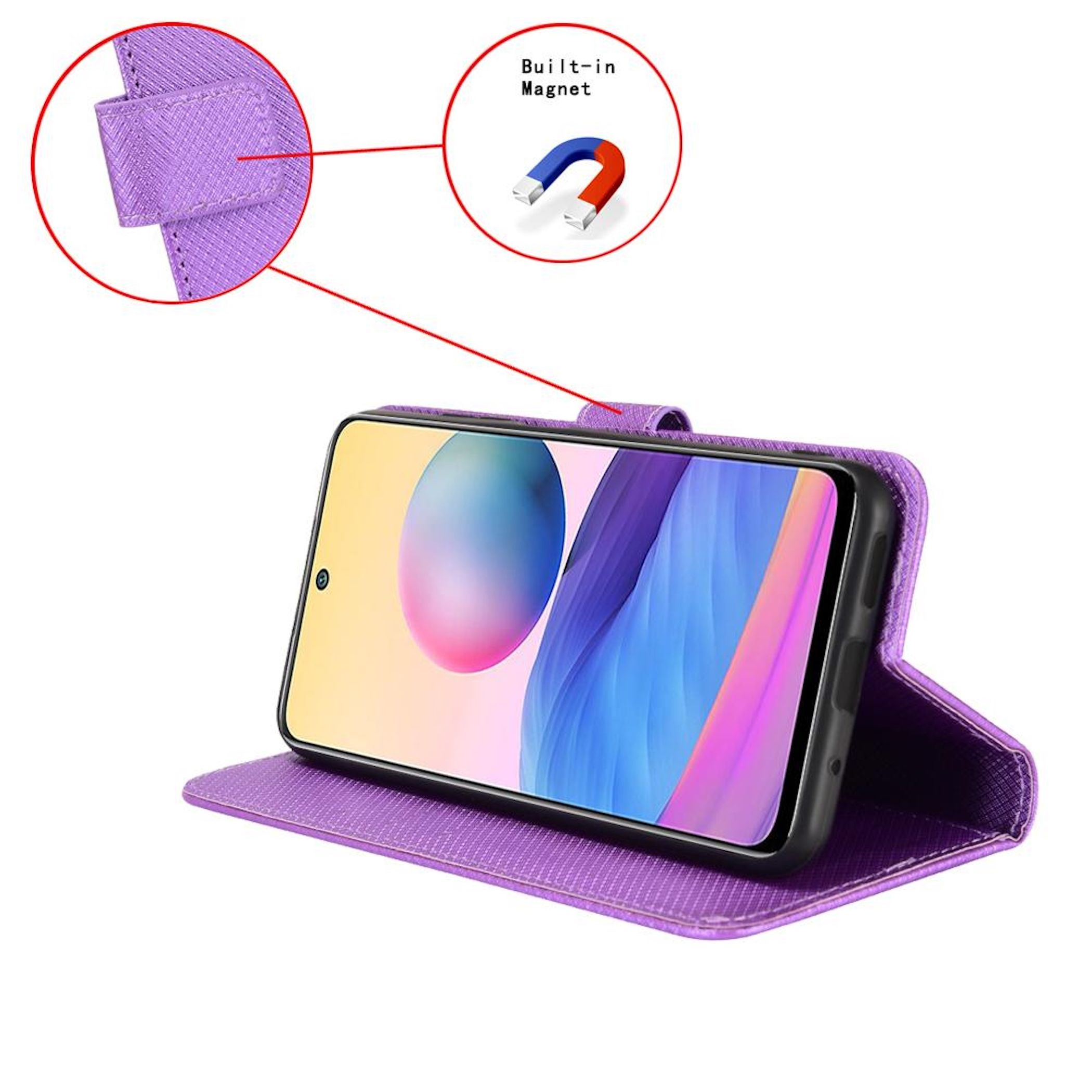 Ein lila Handyhülle mit einem eingebauten Magneten und einem Handy darin.