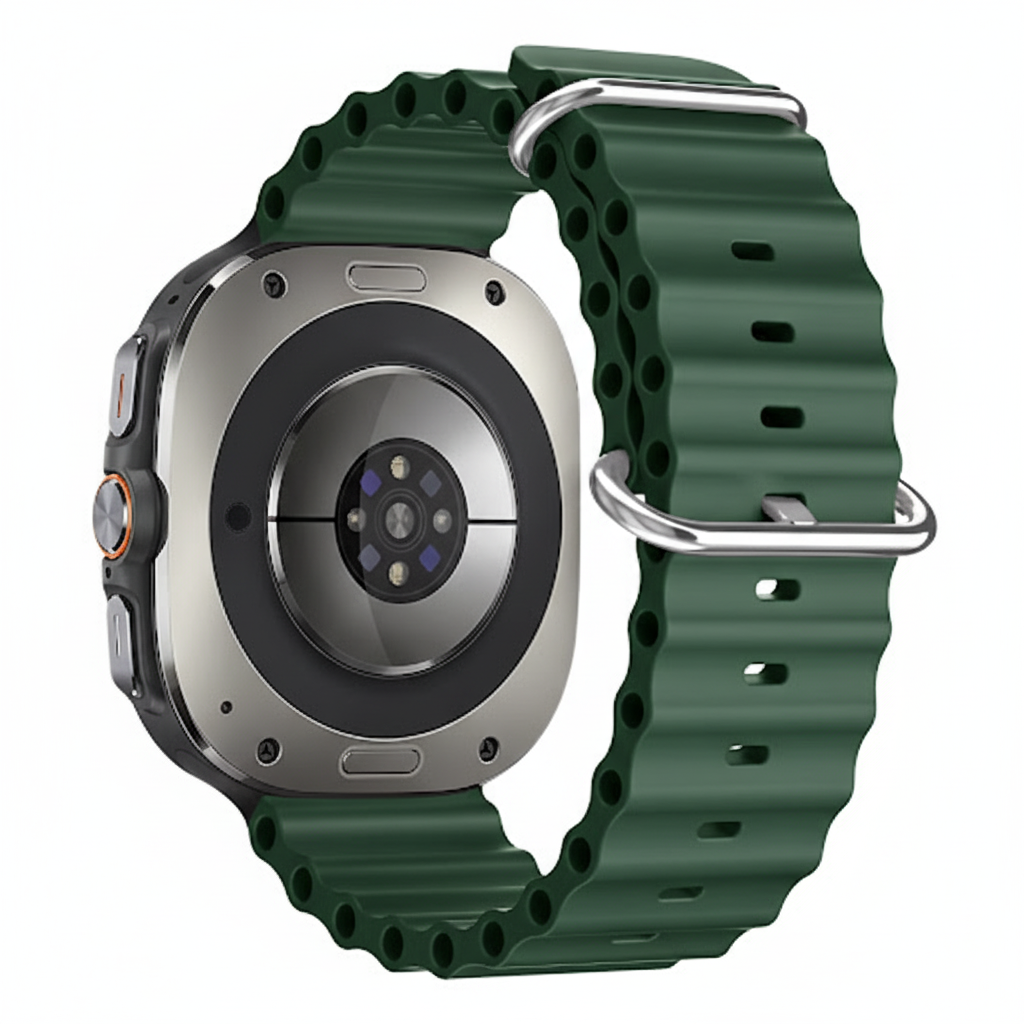 Rückseite einer Smartwatch mit grünem Armband, Herzfrequenzsensor und Knöpfen.
