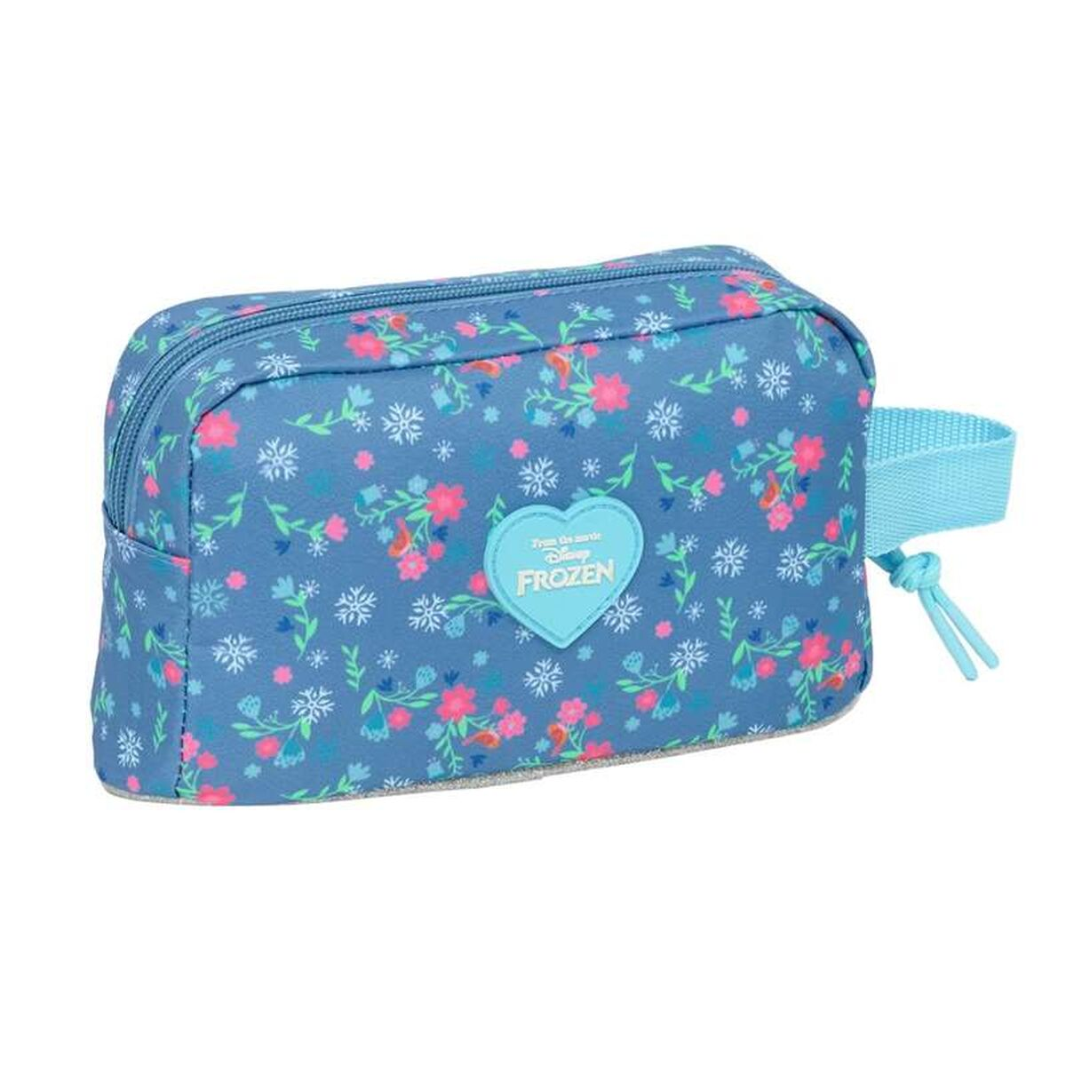 Eine blaue Kosmetiktasche mit Blumenmuster und dem "Frozen"-Logo.