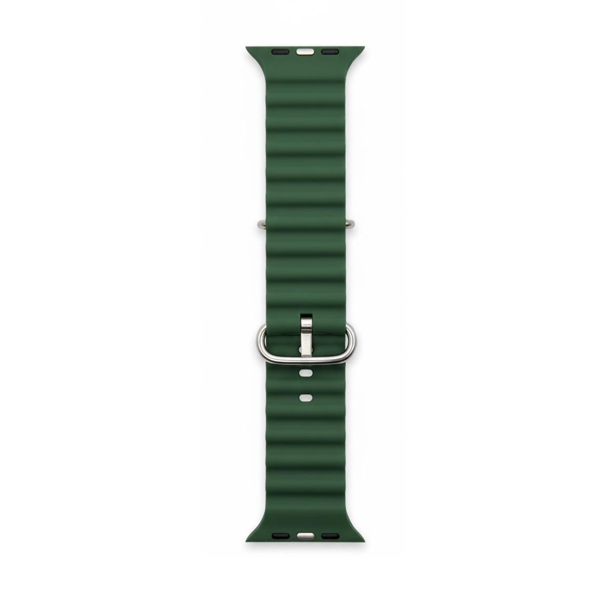 Dunkelgrünes Uhrenarmband mit silberner Schnalle und gerippter Textur.